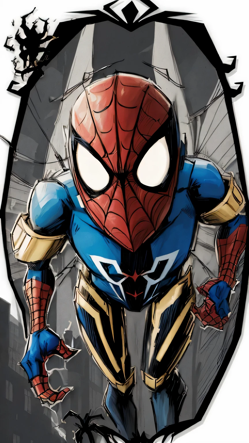 comic style: Robot Spider-Man,hero,red and blue garments,Gold spider logo,city background, empty eyes, simple background, center,masterpiece, best quality,