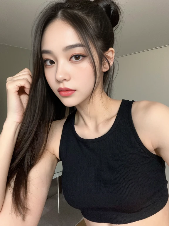 (Best Quality, 8K, 32K, Masterpiece, Ultra HD: 1.2), (K-Pop Idol: 1.3), 1 Girl, (Large: 1.2), Abs, Perfect Figure, Ultra Slender Face, Delicate Lips, Beautiful Eyes Double eyelids , (pony) （Extremely normal body，Half-tied ponytail。(black tank top) (((young girl))) ((leg up))