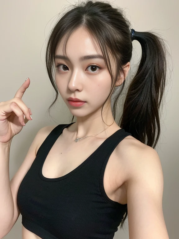 (Best Quality, 8K, 32K, Masterpiece, Ultra HD: 1.2), (K-Pop Idol: 1.3), 1 Girl, (Large: 1.2), Abs, Perfect Figure, Ultra Slender Face, Delicate Lips, Beautiful Eyes Double eyelids , (pony) （Extremely normal body，Half-tied ponytail。(black tank top) (((young girl))) ((leg up))