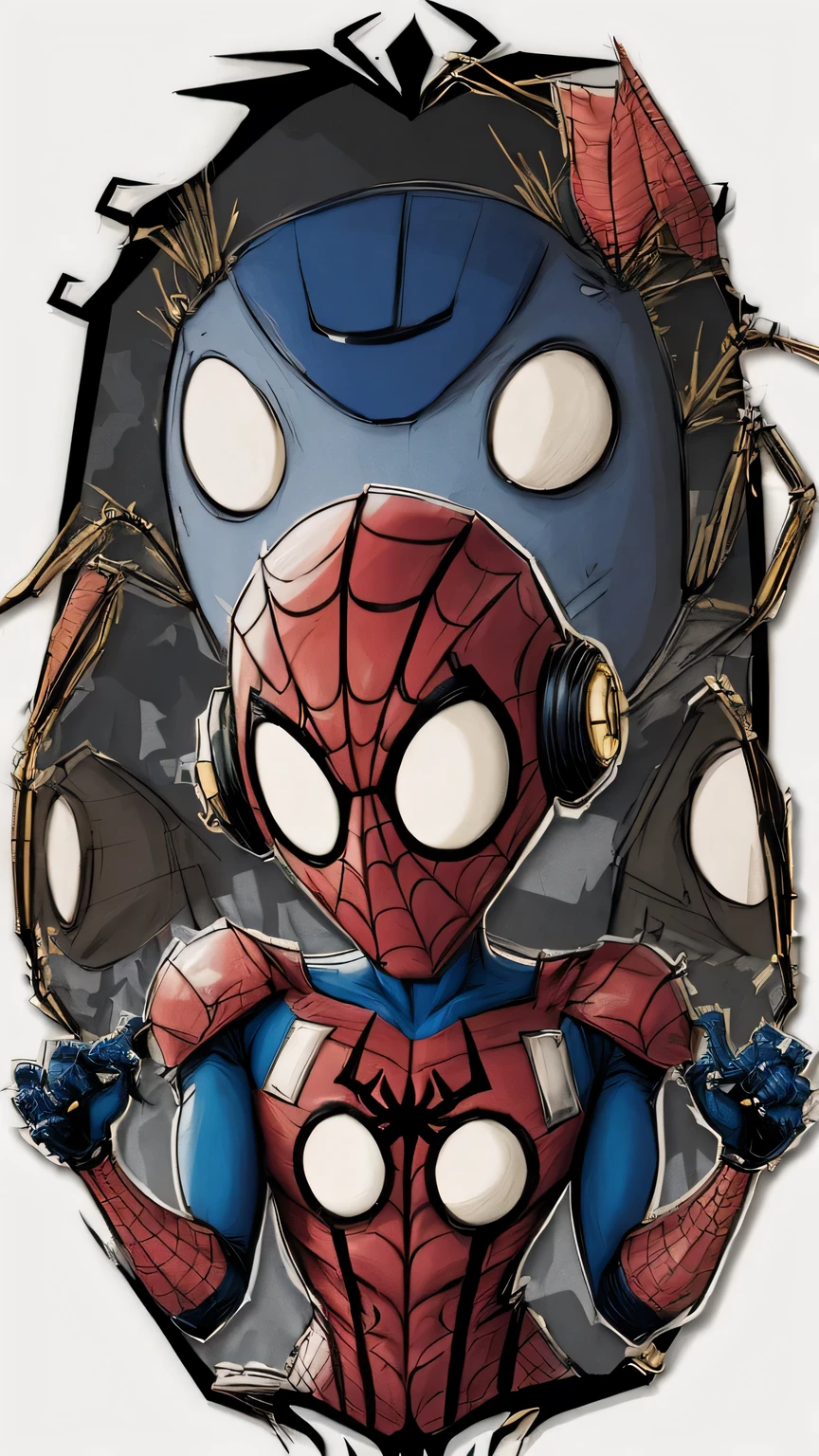 comic style: Robot Spider-Man,hero,red and blue garments,Gold spider logo,city background, empty eyes, simple background, center,masterpiece, best quality,