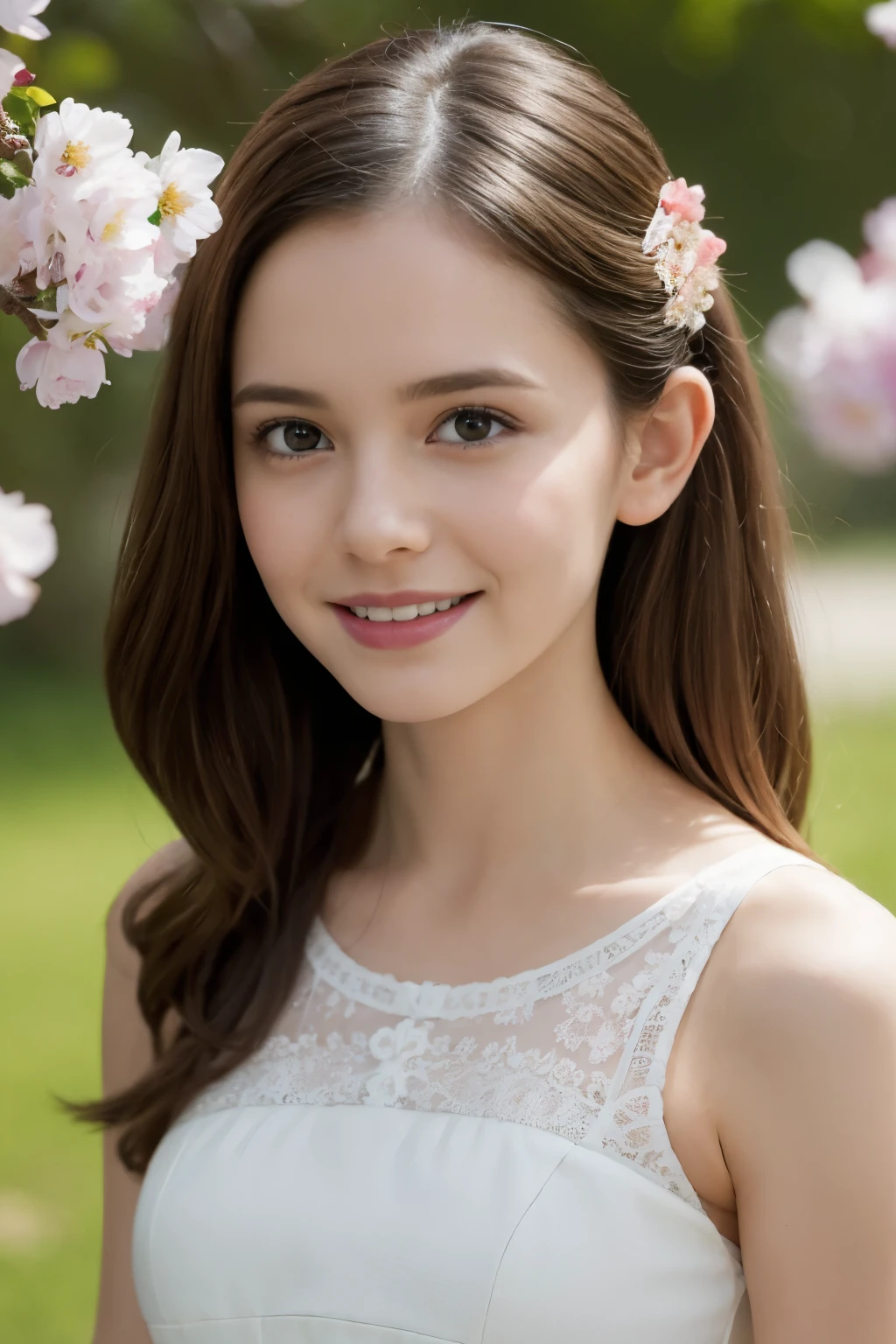 Masterpiece, Best quality, 8k, 18 ans, Photo brute, absurdes, Award-winning portrait, sourire, sourire, pure, french, elegant vibrant pink dress, spring, orchard in bloom, laces, famous singer, cute