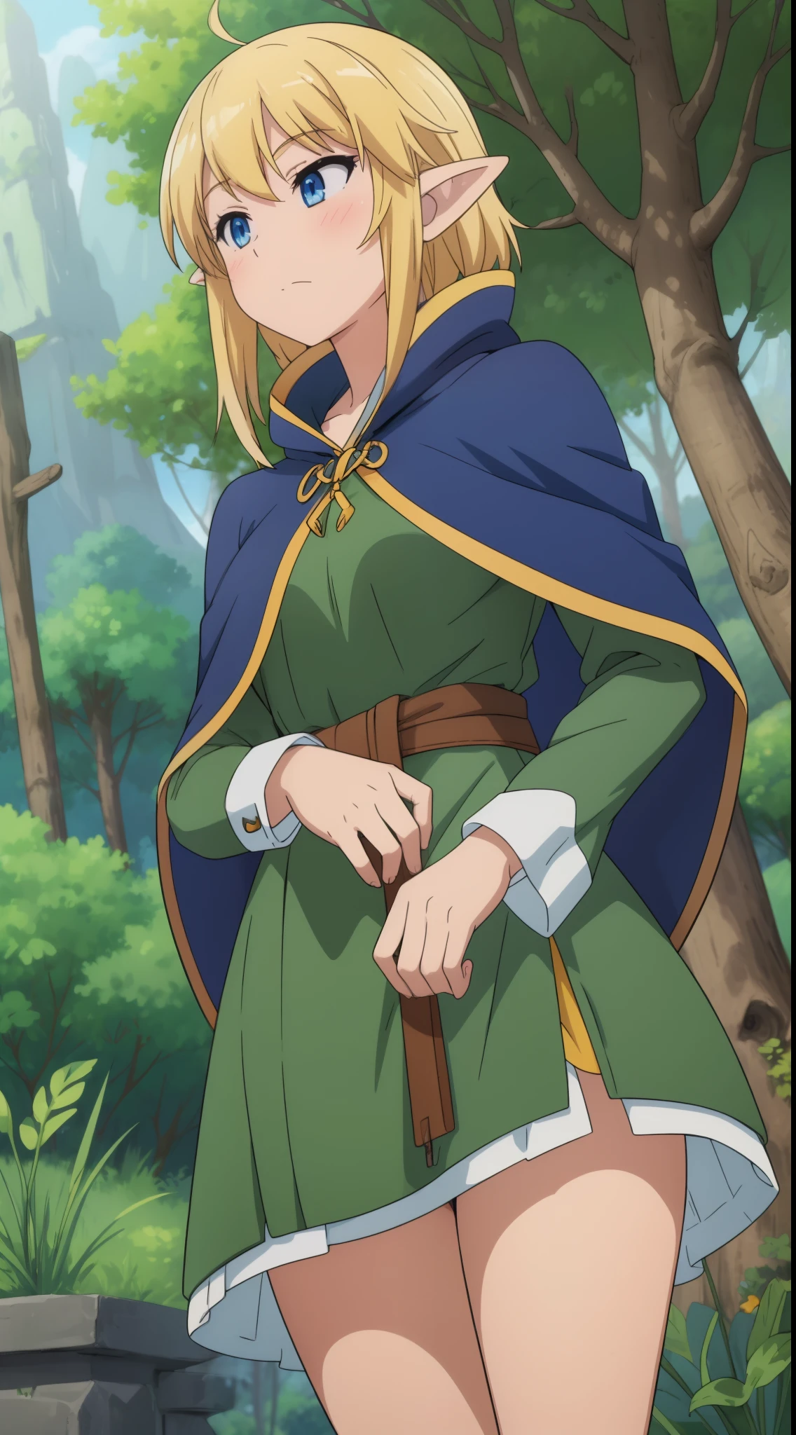 high quality, Masterpiece (One elf girl) blonde hair. blue eyes – green hunting cloak. On the outskirts of the forest