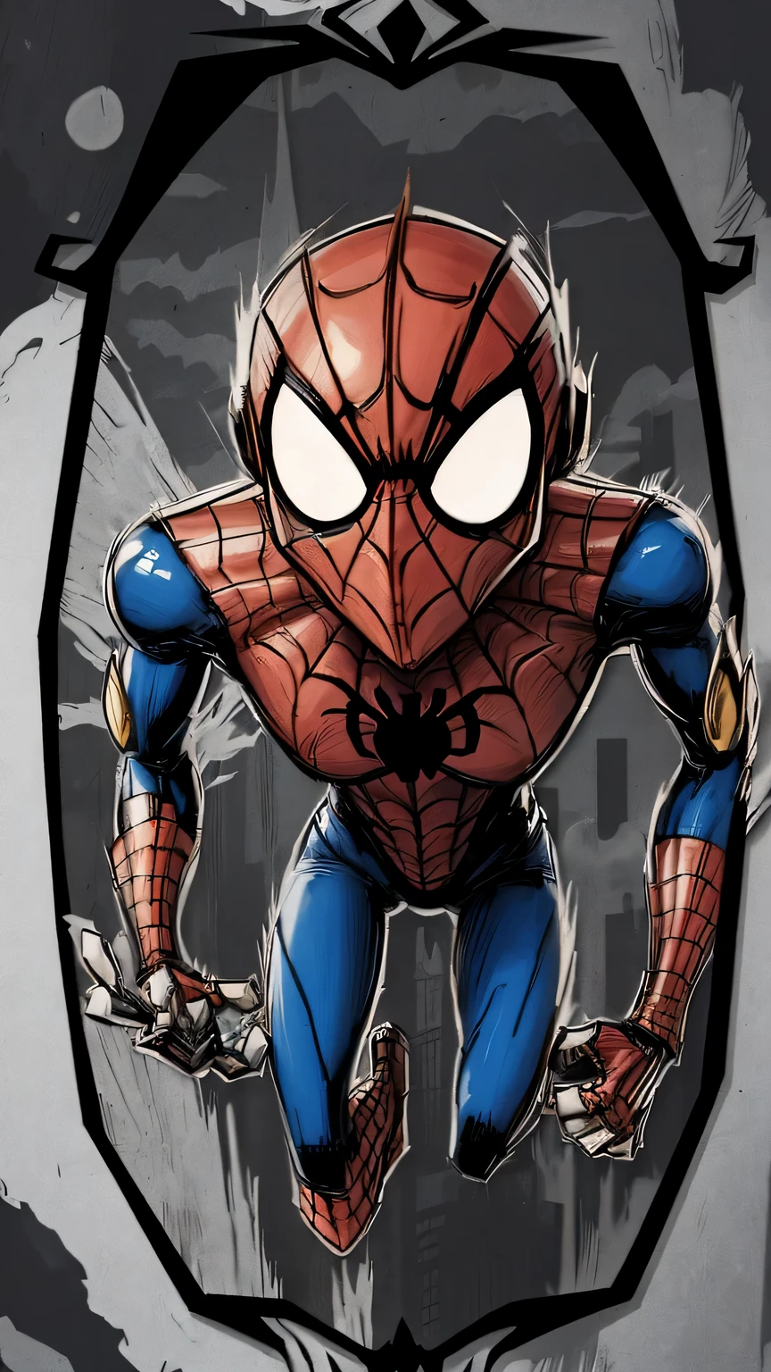 comic style: Robot Spider-Man,hero,red and blue garments,Gold logo,city background, empty eyes, simple background, center.