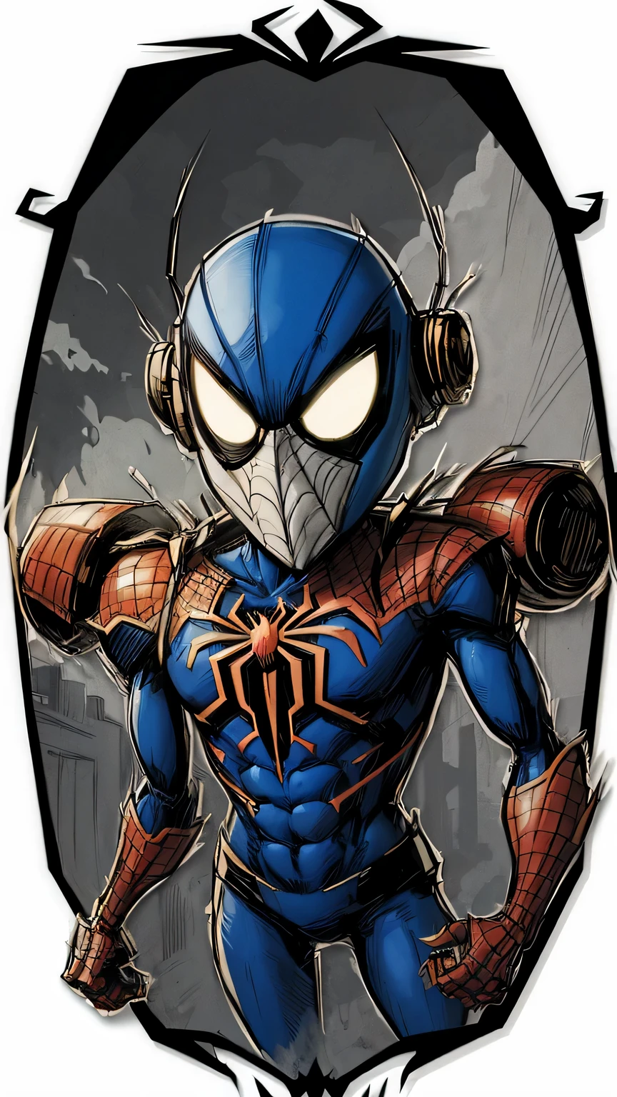 best quality,comic style：spiderman,hero,red and blue garments,hanging net,spider sense,new york city skyline,high-rise building,city View