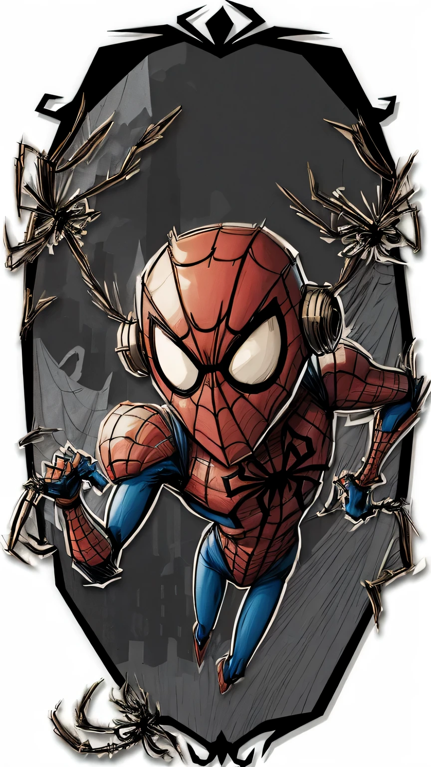 comic style: Robot Spider-Man,hero,red and blue garments,Gold logo,city background, empty eyes, simple background, center.