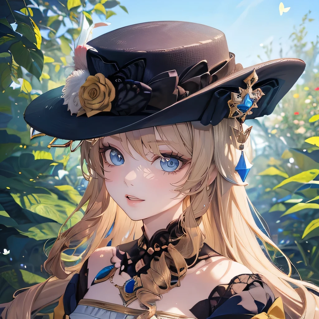 (Best quality,A high resolution),Navia from Genshin Impact , anime style, computer graphics, A high resolution, Best quality, Masterpiece, (do it:1.3), (computer graphics игры), , On his head is a hat , butterflies fly against the background of nature ,Beautiful eyes, look , detailed image, long hair , Masterpiece