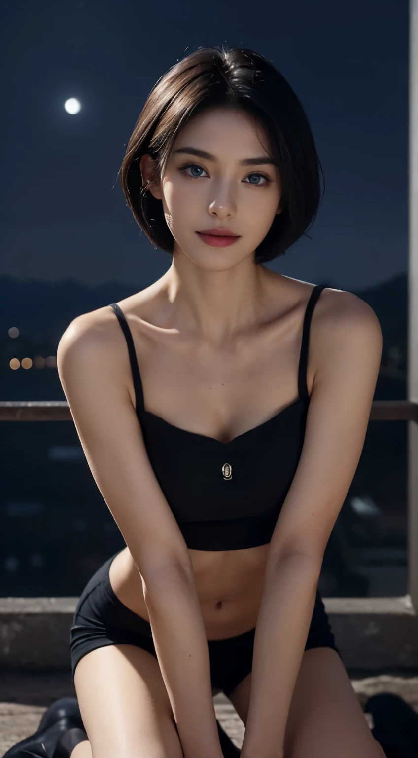 8k, top quality, 复杂的detail, 超detail, ultra high resolution, masterpiece, random angle, thin and long, Smile, (cosmetics: 0.4), (蓬松的blue eyes: 1.21), blue eyes,, ((whole body)), 1 girl, alone, 1 girl, (( whole body)), close-up, kneeling , , ((High)), (((toned body))), (((face slimming))), sharp face, sharp vision, (((black hair, short hair, bob hair , )) (detailed face), sharp face, small lips, thin lips,
(( crop top )), detailed face, detailed breast, , Big breasts, detail, , beautiful girl,Have slender abdominal muscles: 1.4, Six-pack abs: 1.4, Breast Enlargement Botox, big deal, Perfect body, detail leg, (( moonlight)), top of mountain