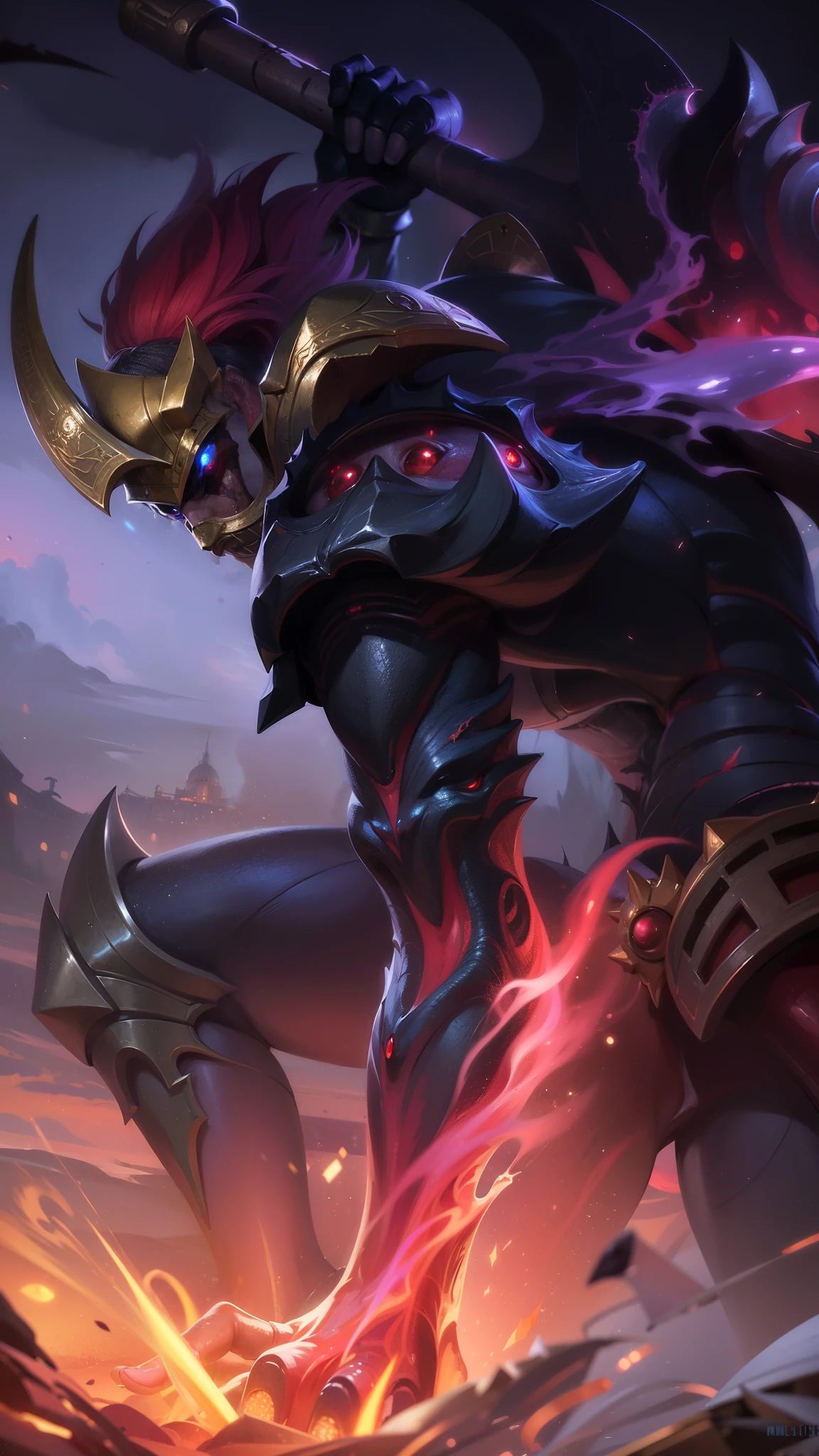 masterpiece, ((perfect eyes)) best quality, (semirealism:1.9), beautiful lighting, (extremely detailed CG unity 4k fhd wallpaper), High Detail, Sharp focus, dramatic outdoors, red short hair, 8k, realistic, scary, strong red eye glow (red eye:1.2), a close up of a person with a sword and a fire, painted portrait of mordekaiser, official splash art, splash art, nasus, league of legends concept art, league of legends splash art, riot games concept art, league of legends art, obsidians skin, league of legends character art, iconic character splash art, league of legends splashart.