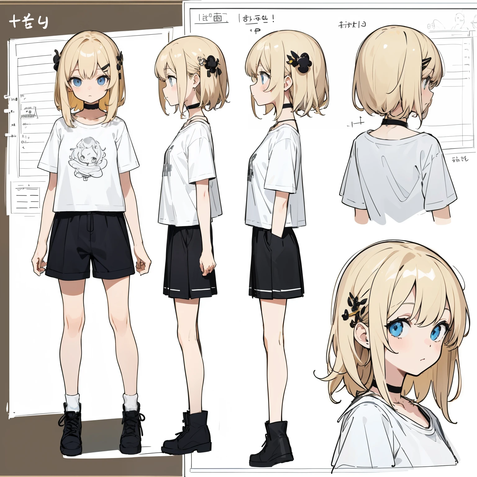 (masterpiece, best quality) detailed,  girl, drawing reference, reference, lineart, sketch, slightly messy blonde medium hair, hair ornament, black choker, white t- shirt,shorts (character design sheet, same character, front, side, back)