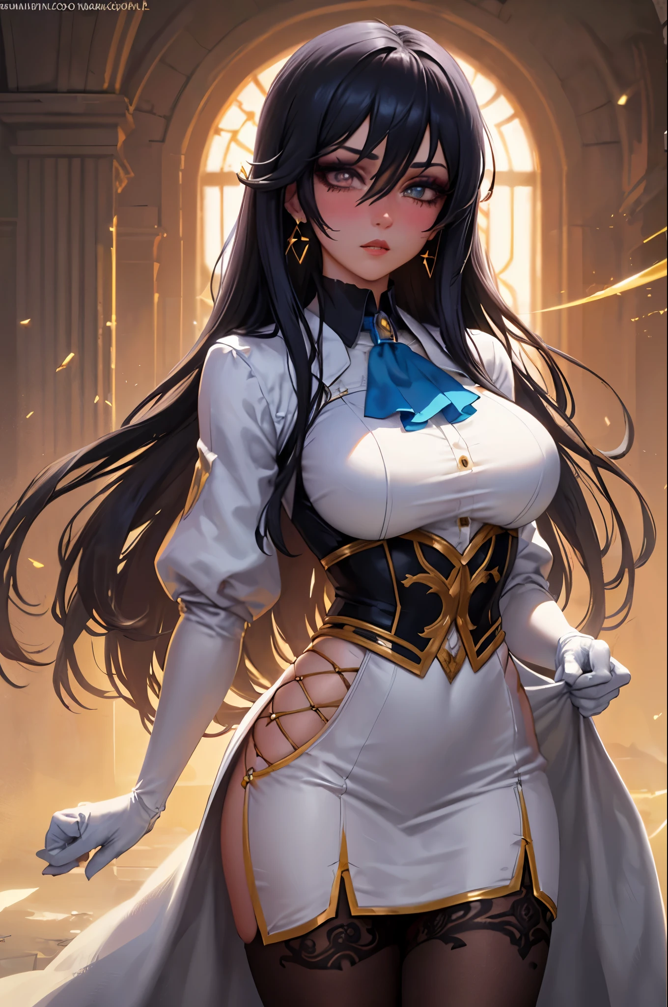 (finely detailed beautiful eyes: 1.2), (detailed  background,ダークファンタジー), (Beautiful Detailed Face), High contrast, (Best Lighting, extremely delicate and beautiful), ((cinematic light)), colourful, Hyperdetail, dramatic light, intricate details, (gloves, hairsbetweeneyes, jewelry, male focus, earrings, coat, ascot white ascot), swirling black light around the character, depth of field,black light particles,(broken glass), ((1girl, black hair, women, Large Breasts, blushing, makeup, eyes liner))