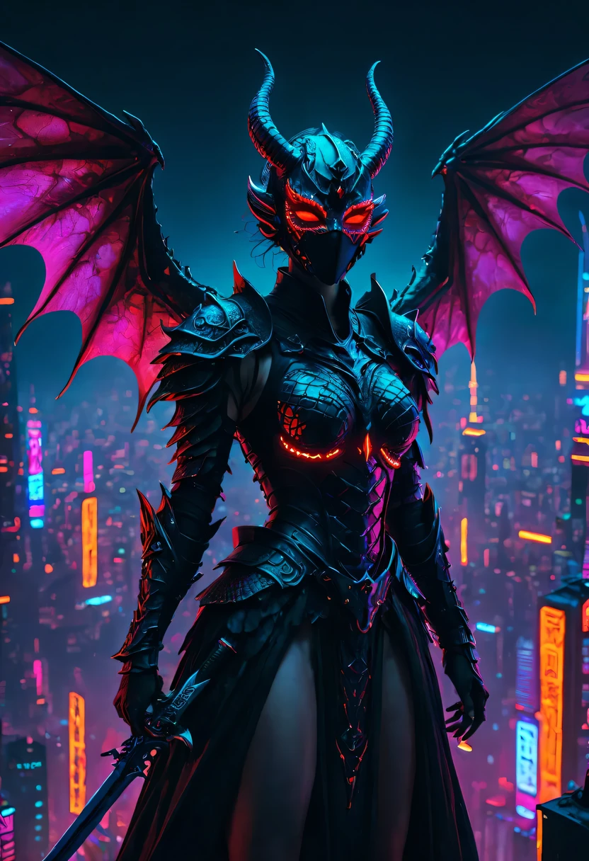 cosmic fallen angel,red eyes,meniscus,a close up of a person with a sword and a demon, dragon scales, Dark black scaly yokai, angel wings,Epic fantasy digital art style, Demon Black Scale Yokai, knight, and Mumford Tom Bagshaw.., dark fantasy style art, epic fantasy art style, 龙knight, dark fantasy art style, Shadow scales, epic fantasy art style HD, 黑暗幻想number艺术,"artistic image type: {Perched atop a cybernetic dragon, Masked woman investigates the vast cyber metropolis below. mask, Incorporate neon lights, Contrast her technically enhanced body, Embedded LEDs and retractable technology weapons shine. In a striking pose, She seems ready for action, A fusion of ancient legends and future visions}, 龙knight Ghost, Excellent location,city View, (Vibrant neon lights:1.5), (number:1.25), (4k:1.2). environment: panoramic view of a city,Bats fly across the skyline." - car