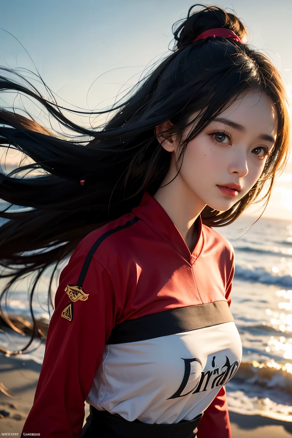 A Xinjiang girl, clad in a red and black AC Milan football jersey adorned with vertical stripes, accentuating her upper body, gazes out towards the vast expanse of the sea on the beach. Her long, high ponytail, adorned with big eyes that seem to sparkle with curiosity, shines under the sunlight, the ends appearing yellowish as the sun casts its gentle rays upon them. The scene is still overall quite dark, reminiscent of a moody movie moment. Captured in HD pictures, her oval face is illuminated, with plump apple skin that beams with a youthful radiance. Despite her athletic attire, she