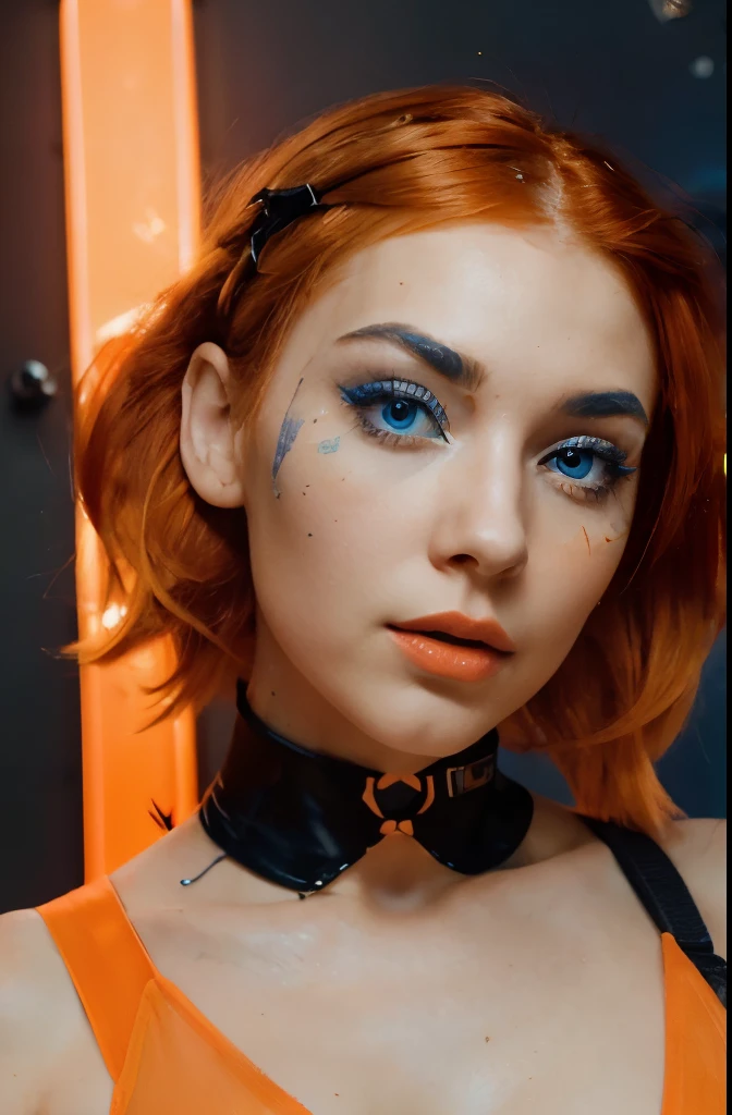 face of a beautiful futuristic girl of about 22 years old.
Her nose, redder than the rest of her skin, contrasting with the rest of her pale skin.
Her eyes are very, very large and brighter than a normal human being, magnetic brightness.
((The electric blue colored eyebrows are large and exaggerated)), painting a portrait of intense expression. expressive form, charming face.
(((long neon orange hair))). some beads and colored ribbons woven into her short hair. her face has a contemporary and futuristic look.
(Her lips, painted bold shades of bright orange.) Their chromatic intensity completes the extraordinary ensemble, giving an aura of glamor and sophistication to this girl with her memorable face.