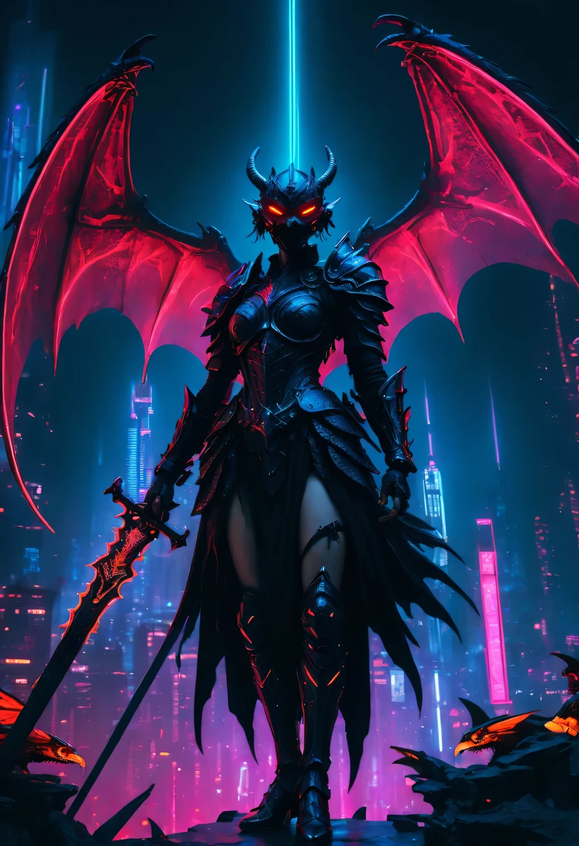 cosmic fallen angel，red eyes，meniscus，a close up of a person with a sword and a demon, dragon scales, Dark black scaly yokai, angel wings，Epic fantasy digital art style, Demon Black Scale Yokai, knight, and Mumford Tom Bagshaw.., dark fantasy style art, epic fantasy art style, 龙knight, dark fantasy art style, Shadow scales, epic fantasy art style HD, 黑暗幻想number艺术，"artistic image type: {Perched atop a cybernetic dragon, Masked woman investigates the vast cyber metropolis below. mask, Incorporate neon lights, Contrast her technically enhanced body, Embedded LEDs and retractable technology weapons shine. In a striking pose, She seems ready for action, A fusion of ancient legends and future visions}, 龙knight Ghost, Excellent location，city View, (Vibrant neon lights:1.5), (number:1.25), (4k:1.2). environment: panoramic view of a city，Bats fly across the skyline." - car