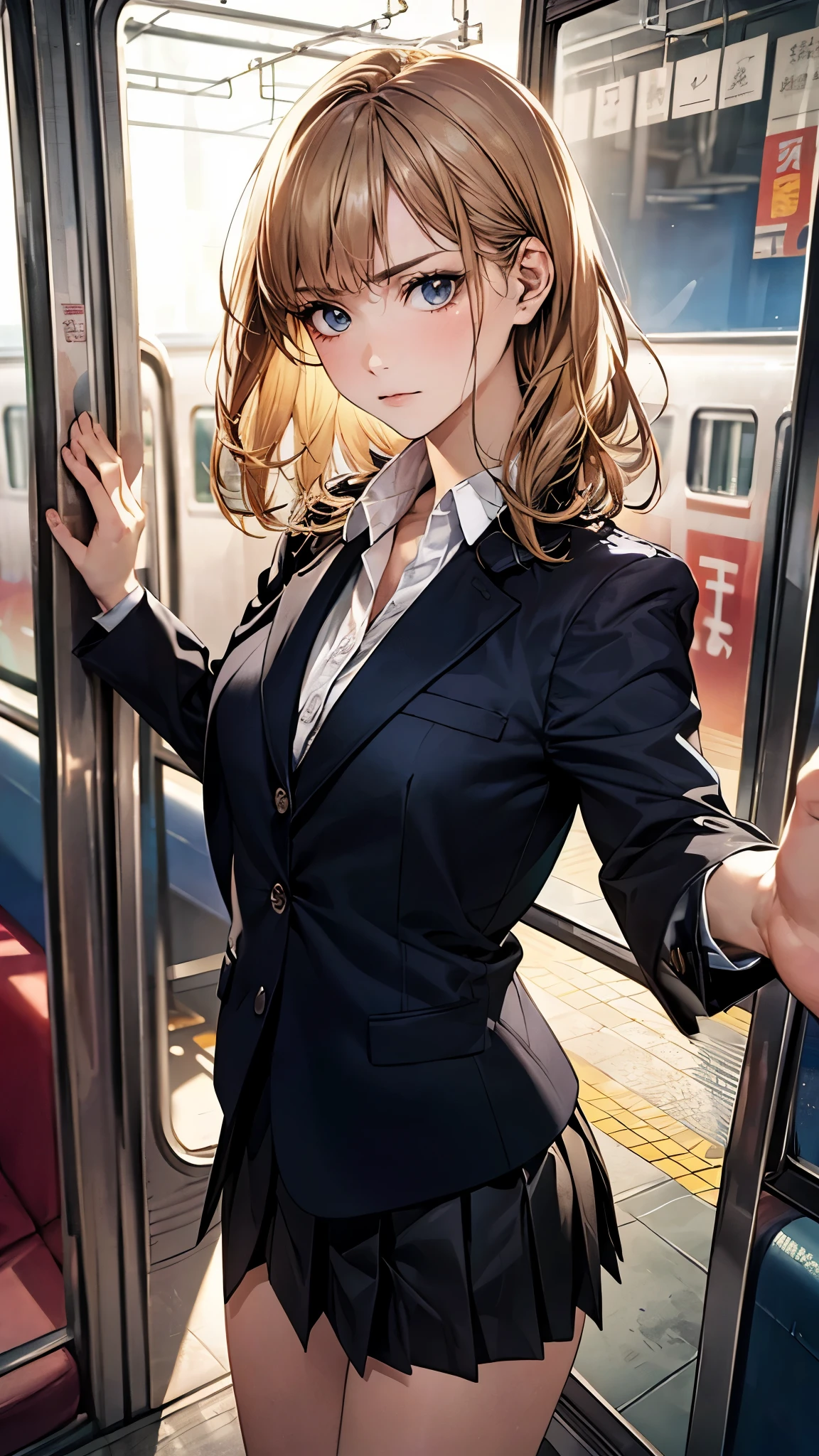 (masterpiece:1.2, top-quality), (realistic, photorealistic:1.4), beautiful illustration, (natural side lighting, movie lighting),
looking at viewer, 1 girl, japanese, high school girl, perfect face, perfect body, cute and symmetrical face, shiny skin, babyface,
(short hair:1.5, wavy hair:1.6, long sideburns, blond hair), asymmetrical bangs, blue eyes, slant eyes, (middle breasts, seductive thighs), ,
beautiful hair, beautiful face, beautiful detailed eyes, beautiful clavicle, beautiful body, beautiful chest, beautiful thigh, beautiful legs, beautiful fingers,
(((black school blazer, closed blazer), white collared shirt, black box pleated skirt) ),
(beautiful scenery), evening, (inside subway train), walking, outstretched arms, (annoyed),