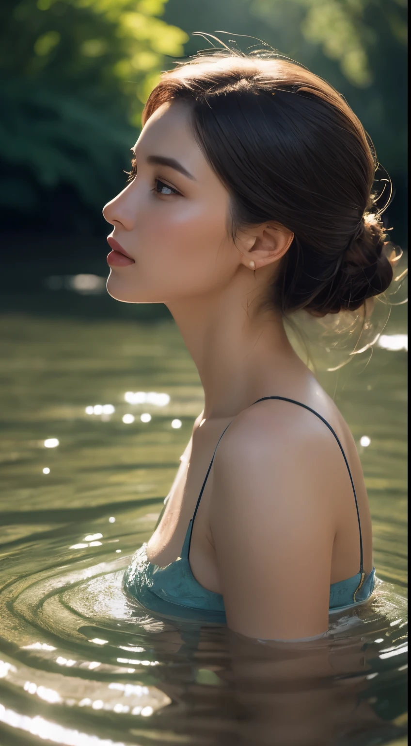 Close portrait of a lovely woman （Grid point） bathing in the river， reed，Gorgeous and exquisite butterfly jewelry，colorful，fine carving，sparkling，attention to detail，The quality of the jewelry is very good，Extremely high image quality， （The light from the rear window is backlit）， actual， masterpiece， best quality， lens flare glow， shadow， flowering， [[Color difference]]，Jeremy Lipkin，Antonio Manzanedo，Digital painting，