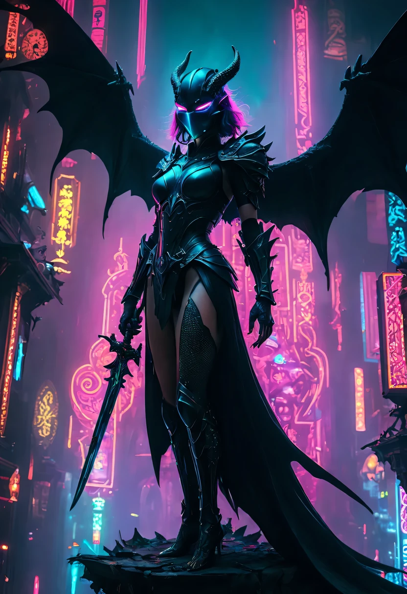 high quality，best quality，real，Surreal，Super details,masterpiece，high resolution，8k，Very realistic，cosmic fallen angel，meniscus，a close up of a person with a sword and a demon, dragon scales, Dark black scaly yokai, Demon bat wings，Epic fantasy digital art style, Demon Black Scale Yokai, knight, and Mumford Tom Bagshaw.., dark fantasy style art, epic fantasy art style, 龙knight, dark fantasy art style, Shadow scales, epic fantasy art style HD, 黑暗幻想number艺术，"artistic image type: {Perched atop a cybernetic dragon, Masked woman investigates the vast cyber metropolis below. mask, Incorporate neon lights, Contrast her technically enhanced body, Embedded LEDs and retractable technology weapons shine. In a striking pose, She seems ready for action, A fusion of ancient legends and future visions}, 龙knight Ghost, Excellent location，city View, (Vibrant neon lights:1.5), (number:1.25), (4k:1.2). environment: panoramic view of a city，Bats fly across the skyline."