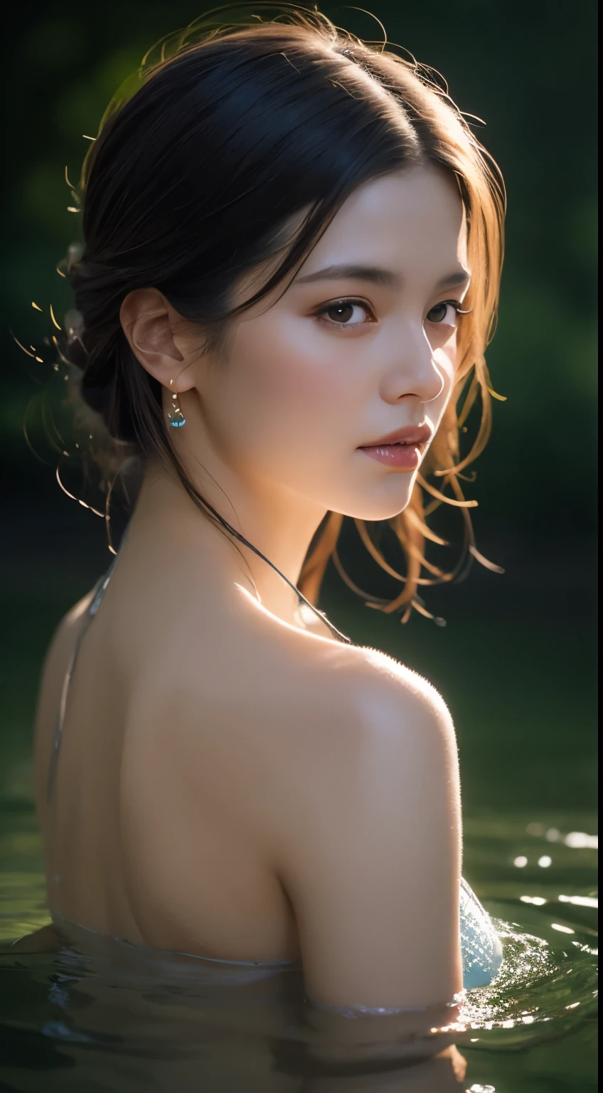 Close up portrait of beautiful woman （Grid Points） Bathing in the river， reed，Gorgeous and beautiful butterfly jewelry，colorful，Detailed engraving，Sparkling，Attention to detail，The quality of the jewelry is very good，Very high quality， （Light from the rear window causes backlighting）， Actual， masterpiece， Highest quality， Lens flare brilliance， Shadow， flowering， [[Color Difference]]，Jeremy Lipkin，by Antonio Manzanedo，Digital Painting，naked, 