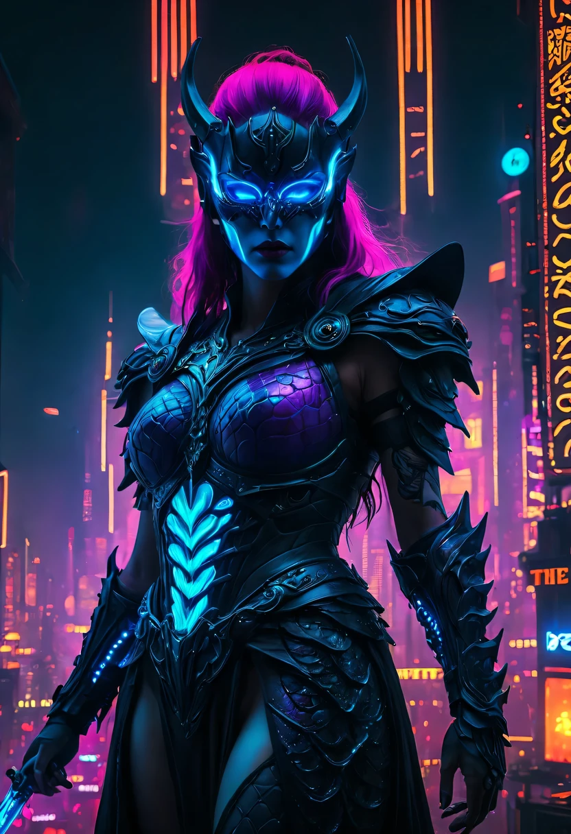 high quality，best quality，real，Surreal，Super details,masterpiece，high resolution，8k，Very realistic，Translucent ethereal Thanos，meniscus，a close up of a person with a sword and a demon, dragon scales, Dark black scaly yokai, Demon bat wings，Epic fantasy digital art style, Demon Black Scale Yokai, knight, and Mumford Tom Bagshaw.., dark fantasy style art, epic fantasy art style, 龙knight, dark fantasy art style, Shadow scales, epic fantasy art style HD, 黑暗幻想number艺术，"artistic image type: {Perched atop a cybernetic dragon, Masked woman investigates the vast cyber metropolis below. mask, Incorporate neon lights, Contrast her technically enhanced body, Embedded LEDs and retractable technology weapons shine. In a striking pose, She seems ready for action, A fusion of ancient legends and future visions}, 龙knight Ghost, Excellent location，city View, (Vibrant neon lights:1.5), (number:1.25), (4k:1.2). environment: panoramic view of a city，Bats fly across the skyline."