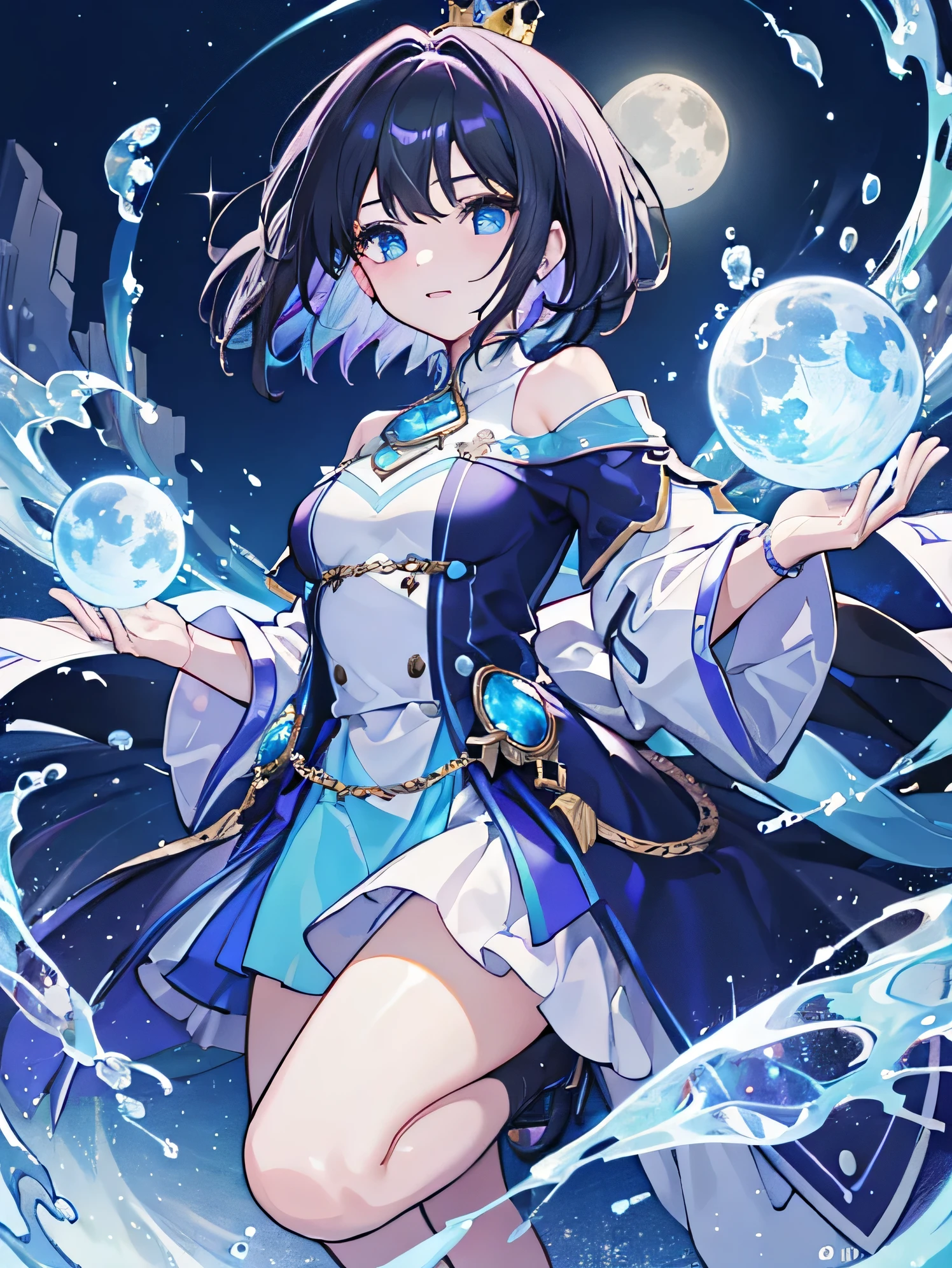 night, ((1 girl)), alone, masterpiece, 8k wallpaper, High resolution, confused, high quality background, short hair, black hair, colorful hair, beautiful frozen village, (bright full moon), blue clothes, nice dress, jewelry dress, (magic:1.2), blue fire, blue eyes, shining eyes, fire, ice goddess, (blue detailed beautiful crown), electricity, blue electricity, Blue light particles