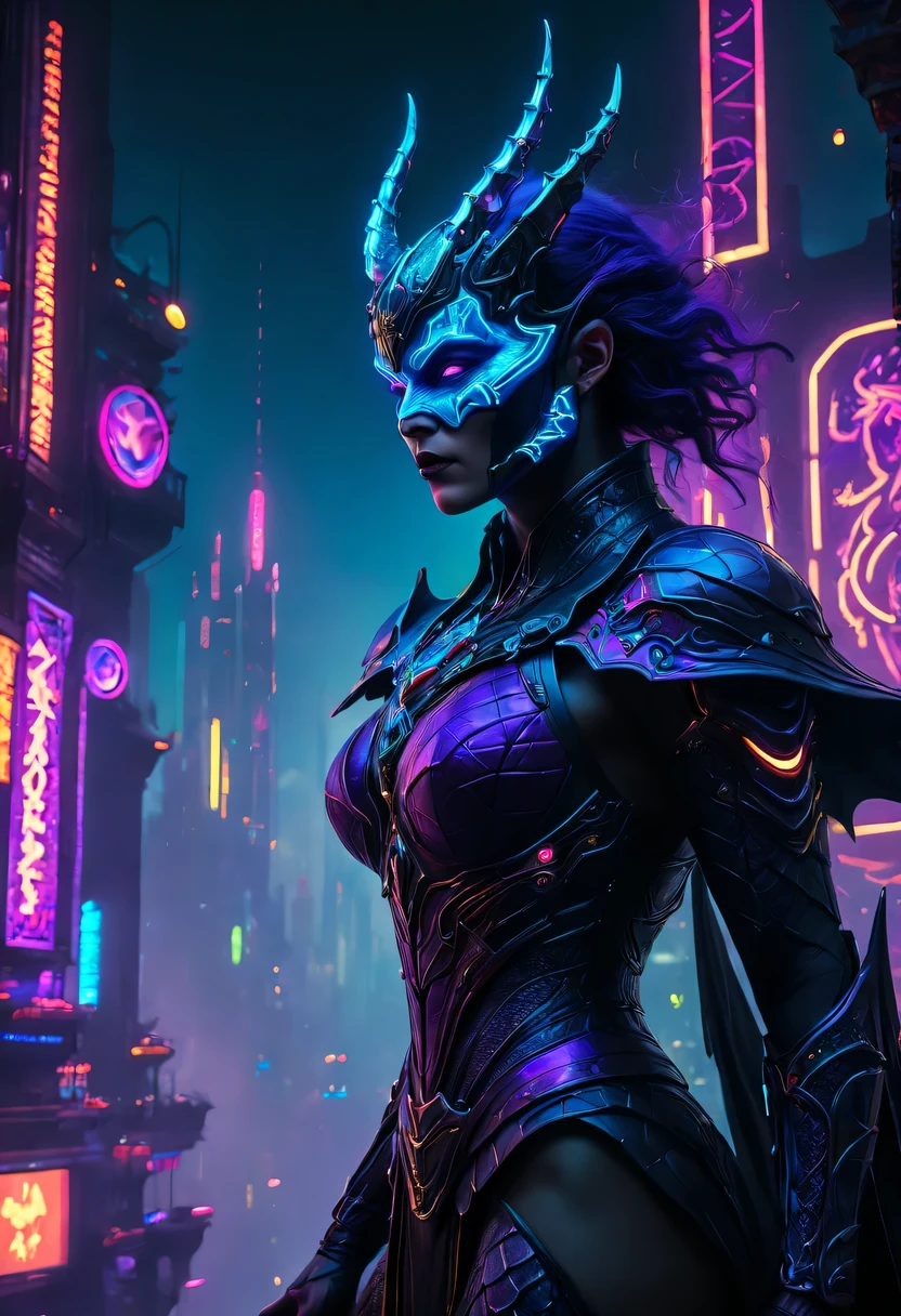 high quality,best quality,real,Surreal,Super details,masterpiece,high resolution,8k,Very realistic,Translucent ethereal Thanos,meniscus,a close up of a person with a sword and a demon, dragon scales, Dark black scaly yokai, Demon bat wings,Epic fantasy digital art style, Demon Black Scale Yokai, knight, and Mumford Tom Bagshaw.., dark fantasy style art, epic fantasy art style, 龙knight, dark fantasy art style, Shadow scales, epic fantasy art style HD, 黑暗幻想number艺术,"artistic image type: {Perched atop a cybernetic dragon, Masked woman investigates the vast cyber metropolis below. mask, Incorporate neon lights, Contrast her technically enhanced body, Embedded LEDs and retractable technology weapons shine. In a striking pose, She seems ready for action, A fusion of ancient legends and future visions}, 龙knight Ghost, Excellent location,city View, (Vibrant neon lights:1.5), (number:1.25), (4k:1.2). environment: panoramic view of a city,Bats fly across the skyline."