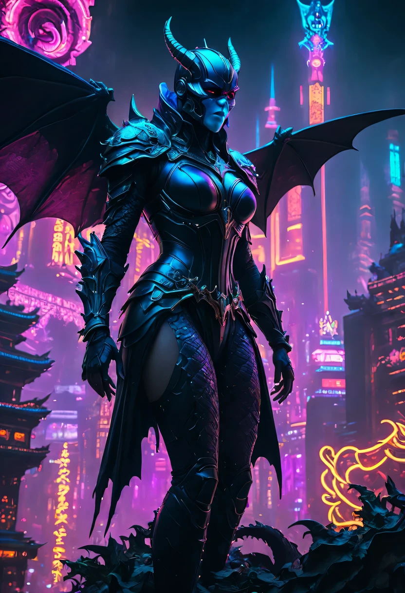 high quality，best quality，real，Surreal，Super details,masterpiece，high resolution，8k，Very realistic，cosmic fallen angel，meniscus，a close up of a person with a sword and a demon, dragon scales, Dark black scaly yokai, Demon bat wings，Epic fantasy digital art style, Demon Black Scale Yokai, knight, and Mumford Tom Bagshaw.., dark fantasy style art, epic fantasy art style, 龙knight, dark fantasy art style, Shadow scales, epic fantasy art style HD, 黑暗幻想number艺术，"artistic image type: {Perched atop a cybernetic dragon, Masked woman investigates the vast cyber metropolis below. mask, Incorporate neon lights, Contrast her technically enhanced body, Embedded LEDs and retractable technology weapons shine. In a striking pose, She seems ready for action, A fusion of ancient legends and future visions}, 龙knight Ghost, Excellent location，city View, (Vibrant neon lights:1.5), (number:1.25), (4k:1.2). environment: panoramic view of a city，Bats fly across the skyline."