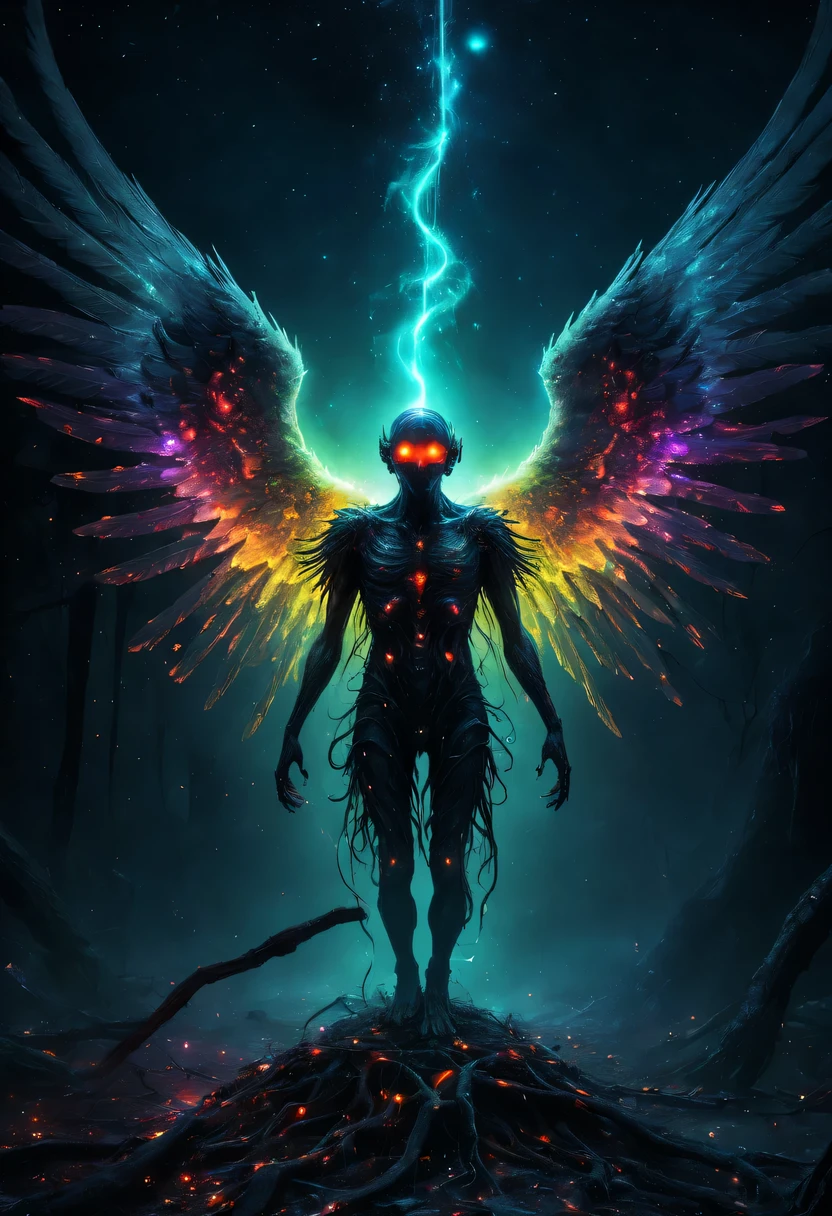 cosmic fallen angel, glowing eyes, biology, Strange, crawl, nightmarish, Very bright colors, light particles, glowing light, Moving speed, wallpaper art, Ultra HD Wallpaper