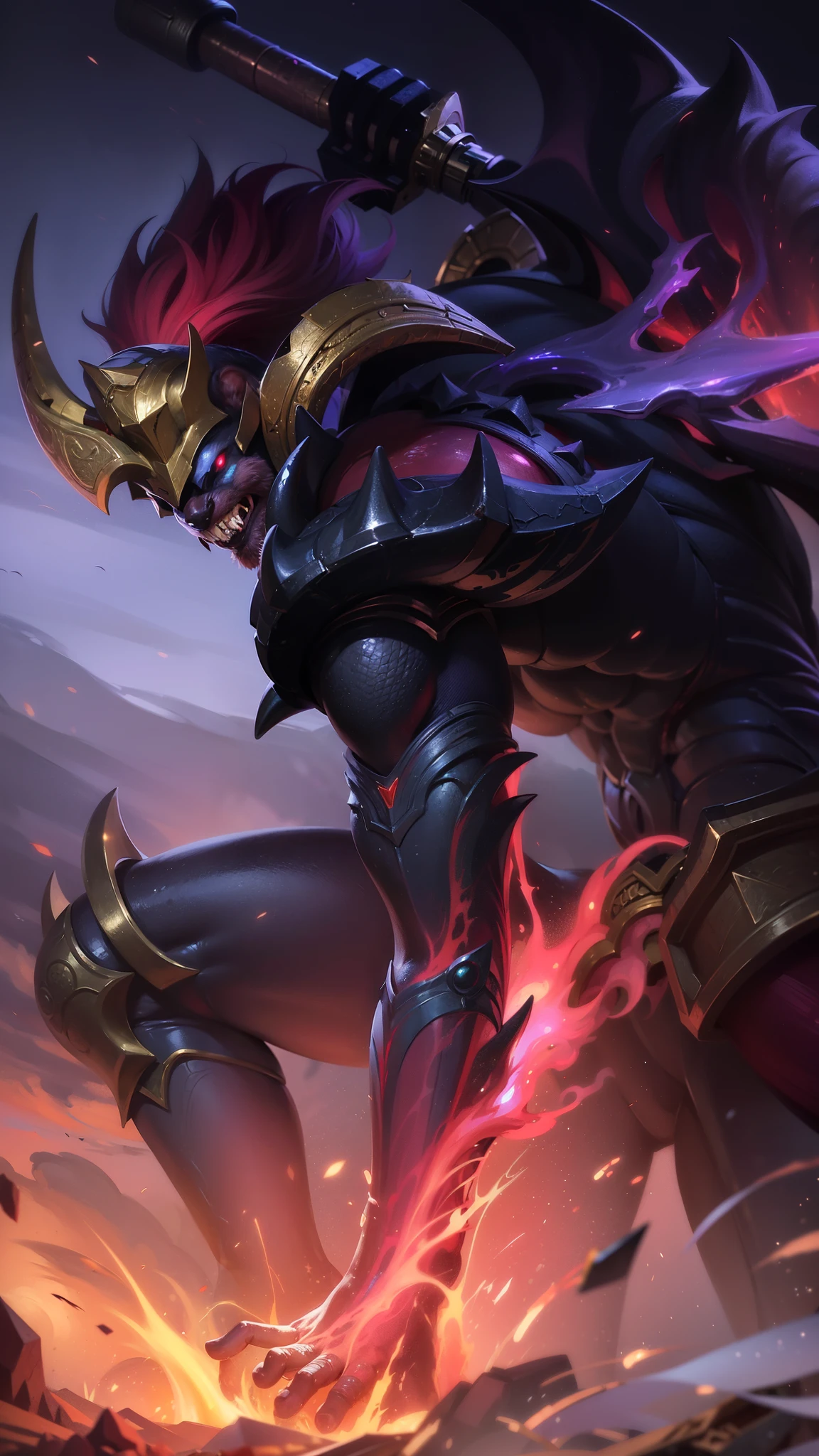 masterpiece, ((perfect eyes)) best quality, (semirealism:1.9), beautiful lighting, (extremely detailed CG unity 4k fhd wallpaper), High Detail, Sharp focus, dramatic outdoors, red short hair, 8k, realistic, scary, strong red eye glow (red eye:1.2), a close up of a person with a sword and a fire, painted portrait of mordekaiser, official splash art, splash art, nasus, league of legends concept art, league of legends splash art, riot games concept art, league of legends art, obsidians skin, league of legends character art, iconic character splash art, league of legends splashart.