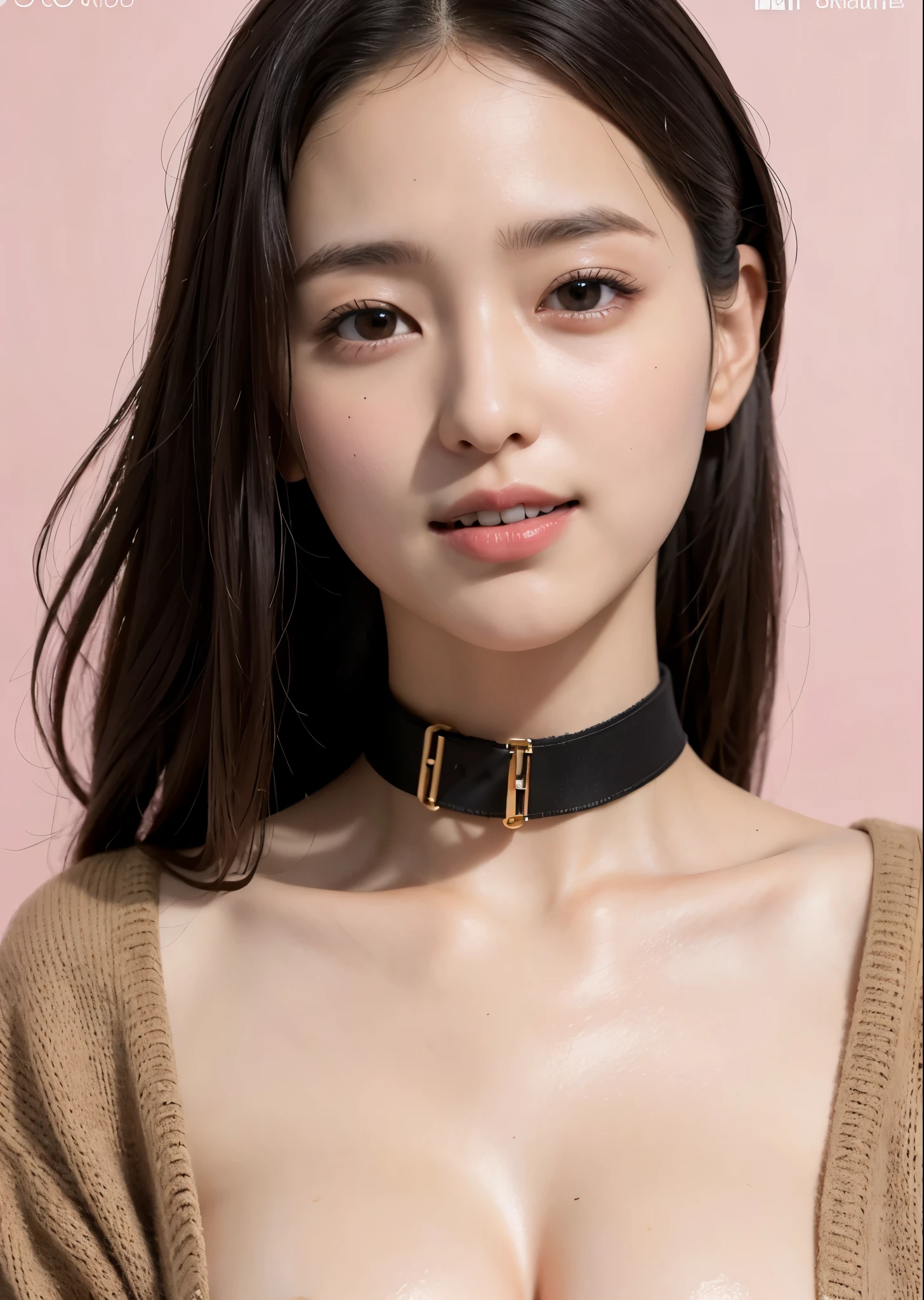 （best qualtiy，8k，32k，tmasterpiece，UHD：1.2），Photo of beautiful Chinese woman，big cleavage breasts，long whitr hair，The upper part of the body，sface focus，oversized_sweater，choker necklace，simple backgound，from the above，looking at viewert，