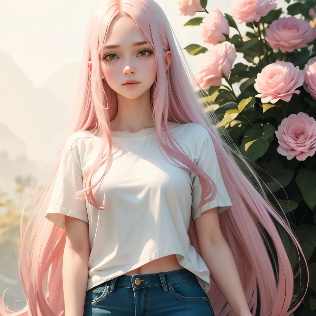Girl, soft long pink hair, green eyes, calm features, white skin, young woman, jeans style, flower background
