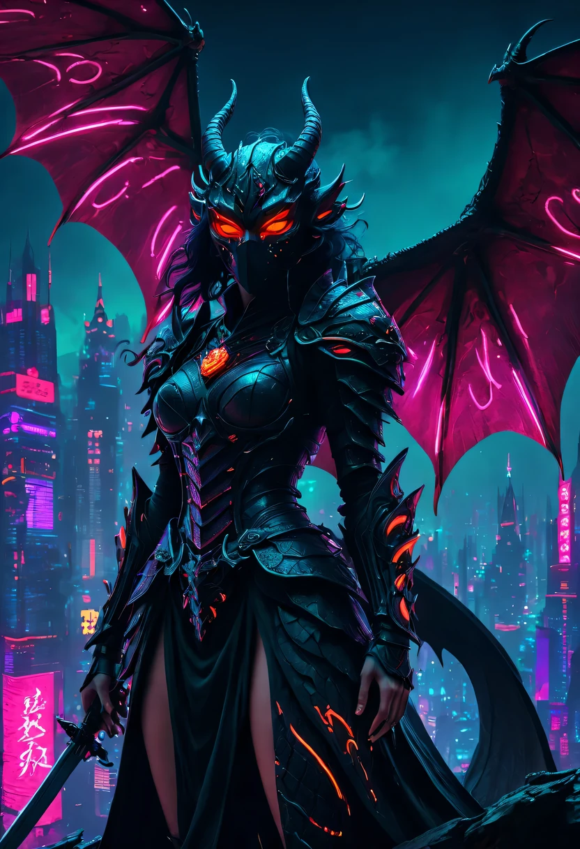 Hellbringers,Black-scaled youkai, Black-scaled youkai,red eyes,meniscus,a close up of a person with a sword and a demon, dragon scales, Dark black scaly yokai, Demon bat wings,Epic fantasy digital art style, 恶魔Black-scaled youkai, knight, and Mumford Tom Bagshaw.., dark fantasy style art, epic fantasy art style, 龙knight, dark fantasy art style, Shadow scales, epic fantasy art style HD, 黑暗幻想number艺术,"artistic image type: {Perched atop a cybernetic dragon, Masked woman investigates the vast cyber metropolis below. mask, Incorporate neon lights, Contrast her technically enhanced body, Embedded LEDs and retractable technology weapons shine. In a striking pose, She seems ready for action, A fusion of ancient legends and future visions}, 龙knight Ghost, Excellent location,city View, (Vibrant neon lights:1.5), (number:1.25), (4k:1.2). environment: panoramic view of a city,Bats fly across the skyline." - car