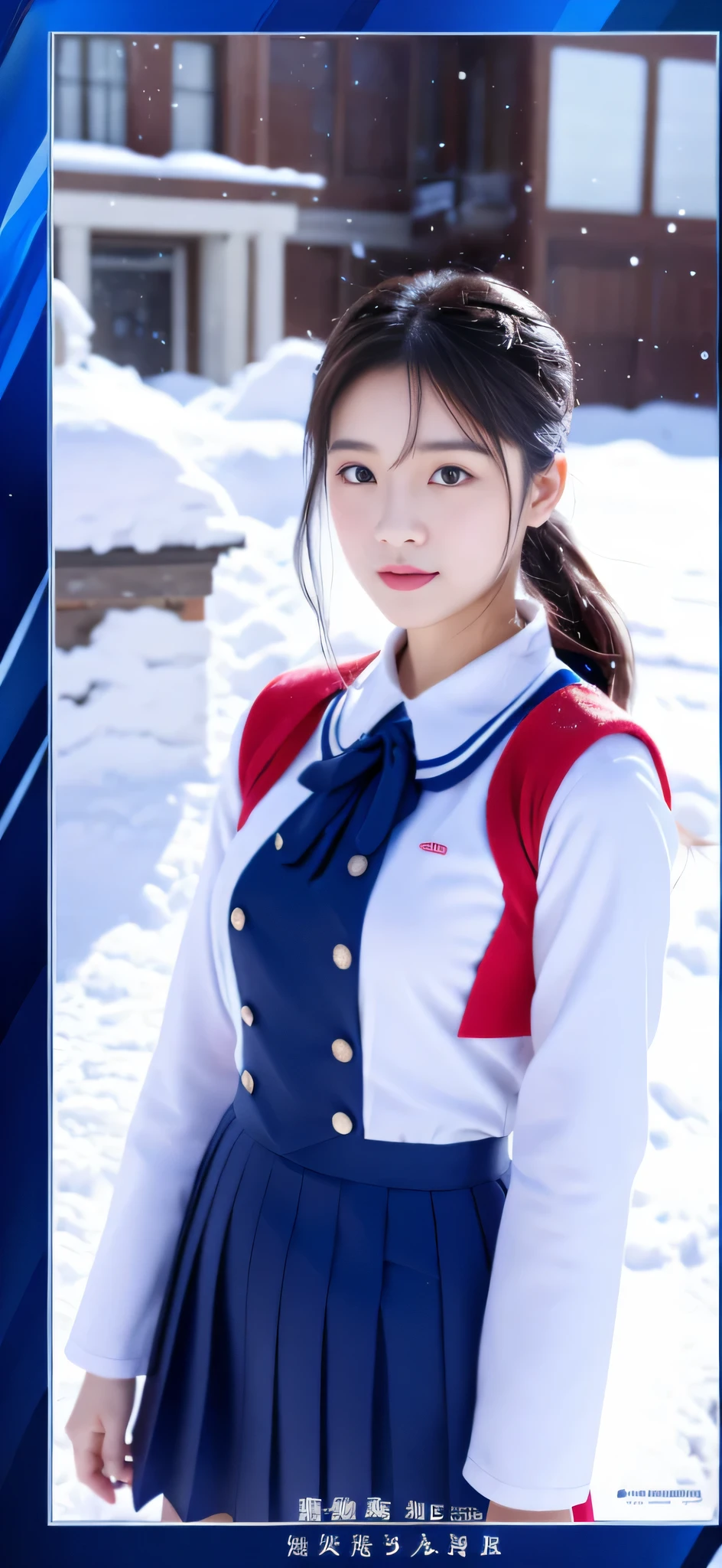 Close-up of a person in uniform standing in the snow, girl in uniform, JK uniform, Dilraba Dilmurat, gorgeous chinese model, Summer all over the body, Chen Xintong, Works that influenced Chen Yifei, The background is just snow, Li Zixin, girl of the alps, Yanjun Cento, Inspired by Ma Yuanyu