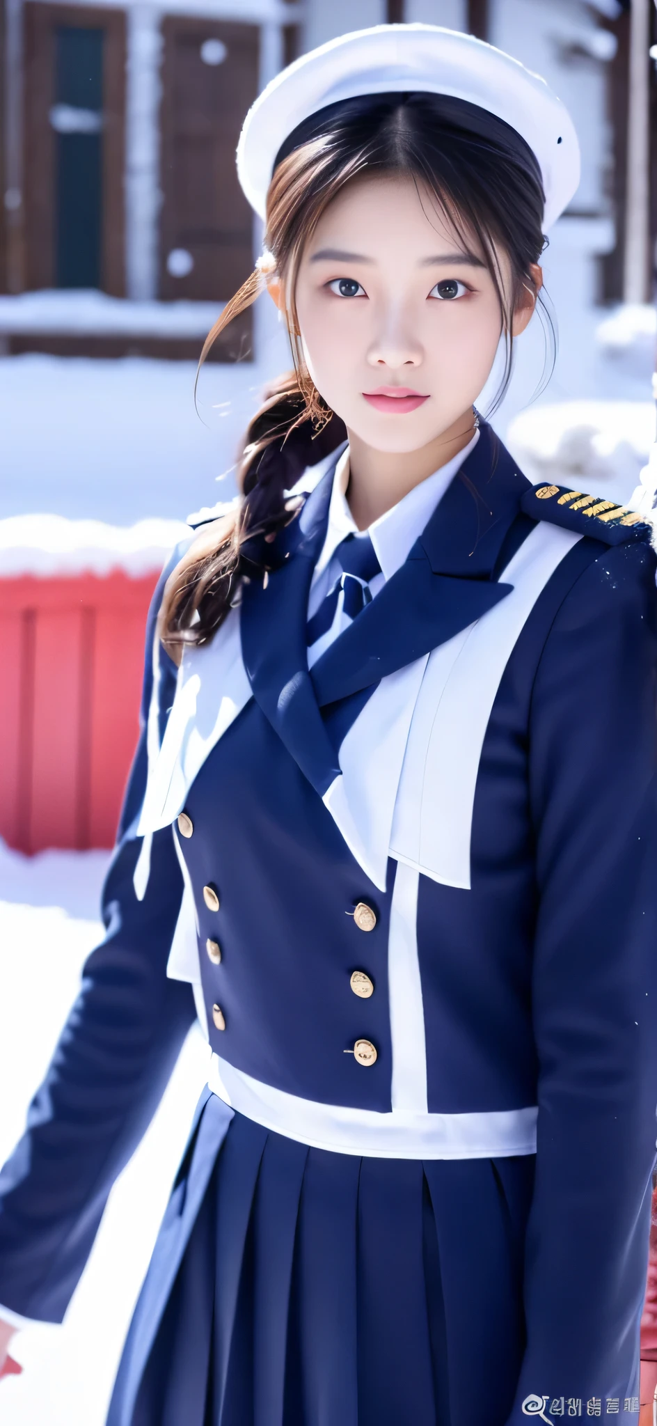 Close-up of a person in uniform standing in the snow, girl in uniform, JK uniform, Dilraba Dilmurat, gorgeous chinese model, Summer all over the body, Chen Xintong, Works that influenced Chen Yifei, The background is just snow, Li Zixin, girl of the alps, Yanjun Cento, Inspired by Ma Yuanyu