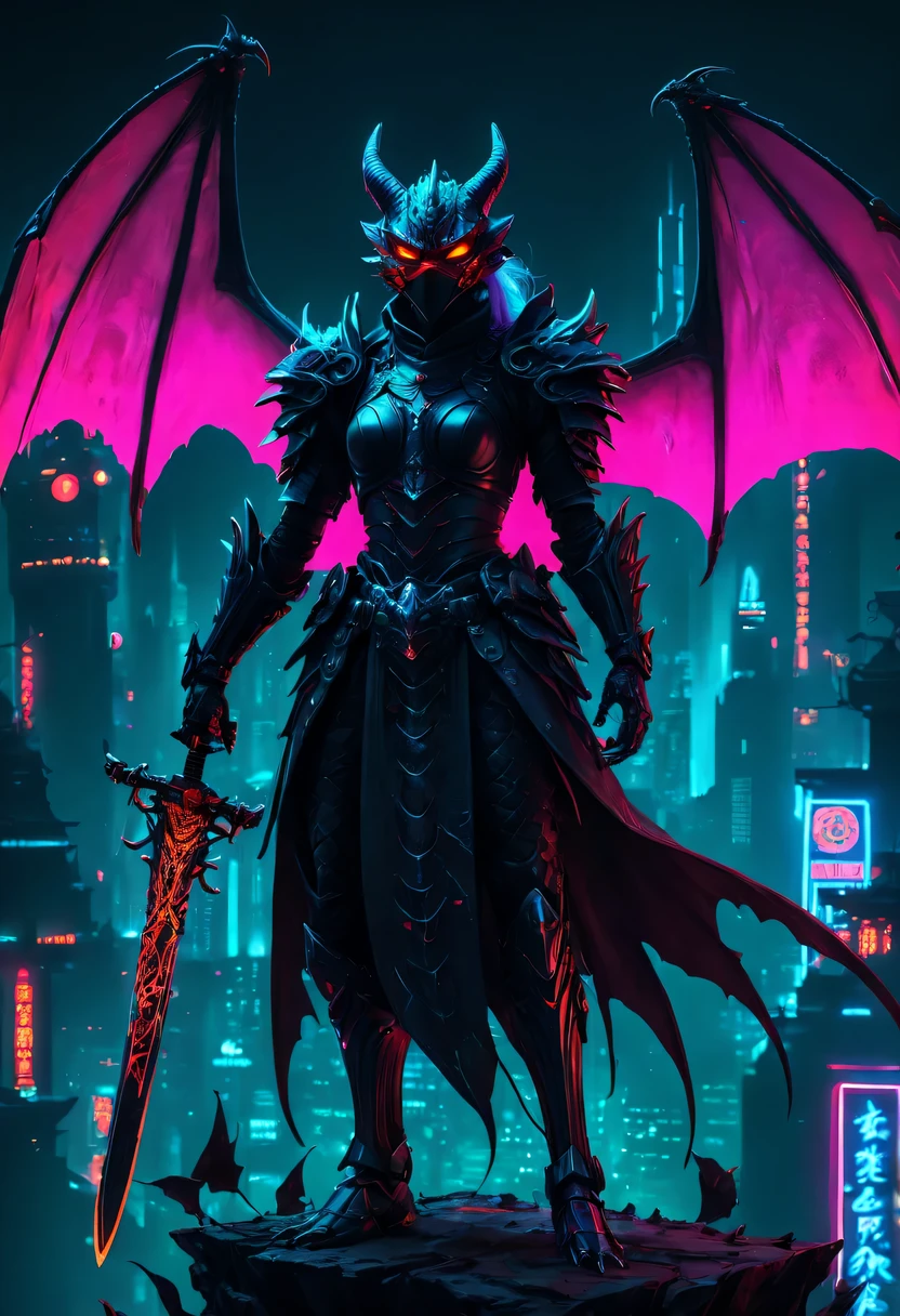 Hellbringers，Black-scaled youkai, Black-scaled youkai，red eyes，meniscus，a close up of a person with a sword and a demon, dragon scales, Dark black scaly yokai, Demon bat wings，Epic fantasy digital art style, 恶魔Black-scaled youkai, knight, and Mumford Tom Bagshaw.., dark fantasy style art, epic fantasy art style, 龙knight, dark fantasy art style, Shadow scales, epic fantasy art style HD, 黑暗幻想number艺术，"artistic image type: {Perched atop a cybernetic dragon, Masked woman investigates the vast cyber metropolis below. mask, Incorporate neon lights, Contrast her technically enhanced body, Embedded LEDs and retractable technology weapons shine. In a striking pose, She seems ready for action, A fusion of ancient legends and future visions}, 龙knight Ghost, Excellent location，city View, (Vibrant neon lights:1.5), (number:1.25), (4k:1.2). environment: panoramic view of a city，Bats fly across the skyline." - car