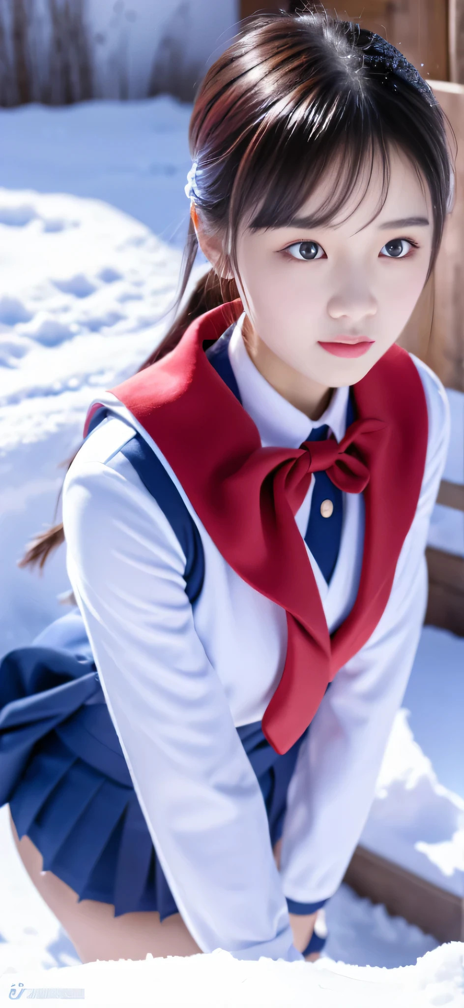 Close-up of a person in uniform standing in the snow, girl in uniform, JK uniform, Dilraba Dilmurat, gorgeous chinese model, Summer all over the body, Chen Xintong, Works that influenced Chen Yifei, The background is just snow, Li Zixin, girl of the alps, Yanjun Cento, Inspired by Ma Yuanyu