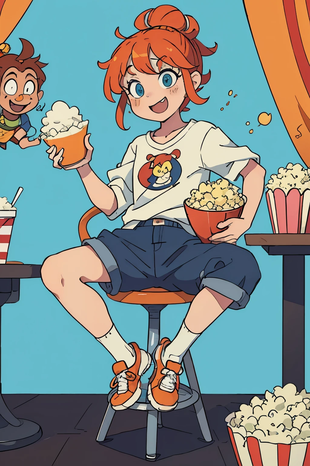 A quirky clown with unkempt orange hair and oversized shoes, slouched on a chair with a mismatched table, trying to put a too-large hot dog into a tiny bun, while a mischievous monkey helper monkey looks on, holding a bowl of spilled popcorn, comedic tilted perspective, cartoonish style, exaggerated facial expressions, vibrant colors, whimsical background, dynamic brushstrokes, playful details, cheeky humor, zany atmosphere, funny chaos.