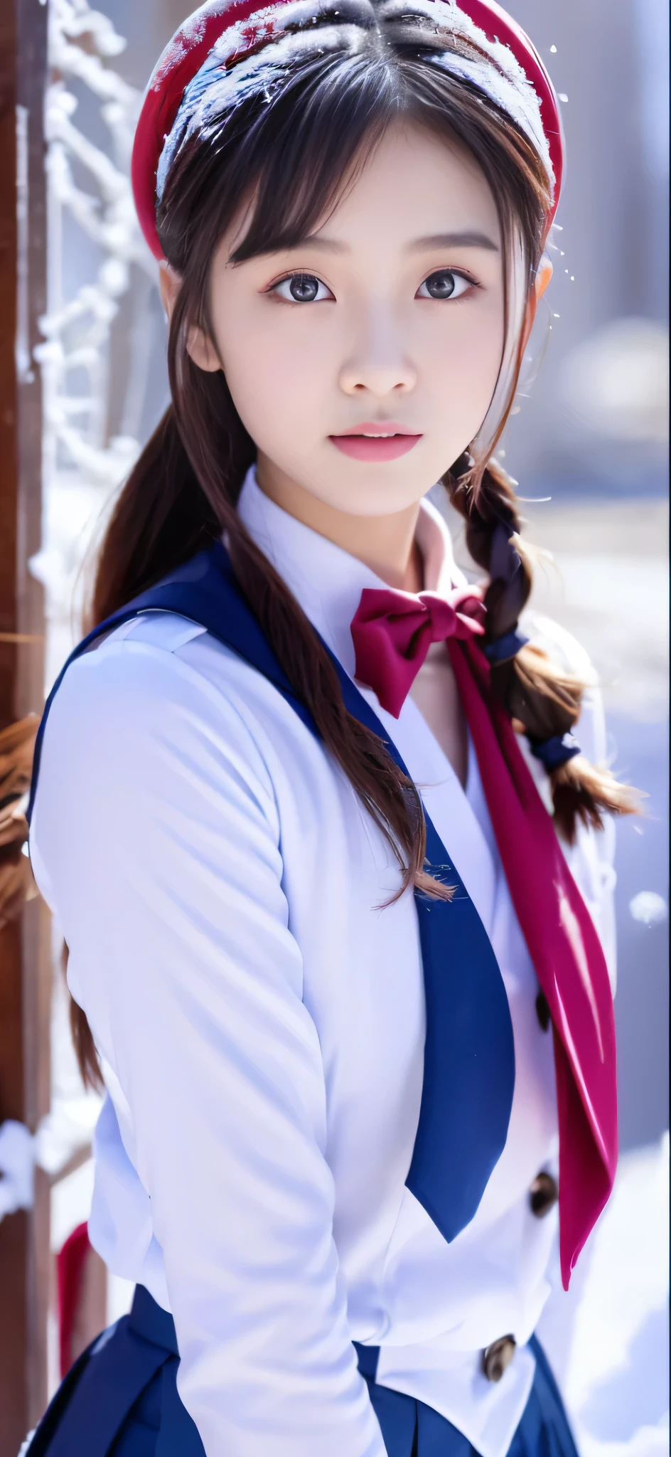 Close-up of a person in uniform standing in the snow, girl in uniform, JK uniform, Dilraba Dilmurat, gorgeous chinese model, Summer all over the body, Chen Xintong, Works that influenced Chen Yifei, The background is just snow, Li Zixin, girl of the alps, Yanjun Cento, Inspired by Ma Yuanyu