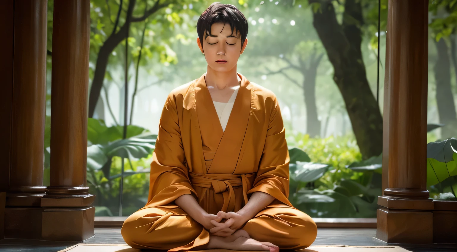 highest quality、highest quality、realistic、unity、8k wallpaper、official art、Highly detailed CG unity 8k wallpaper、Super detailed、High resolution、Physically based rendering、Super detailed,growing up, finely,one young monk, (no hair), (close your eyes:1.1), (meditating), slim face, young monk, highly detailed face, fine eyes, view, blurred background, (Front view:1.3), (monk's robe:1.3), (Sit and meditate in the lotus position:1.3), (Stay away from the camera), (Facing the camera forward), frontage, slim face, In the rainforest, professional lighting, (illuminate the face:1.3)