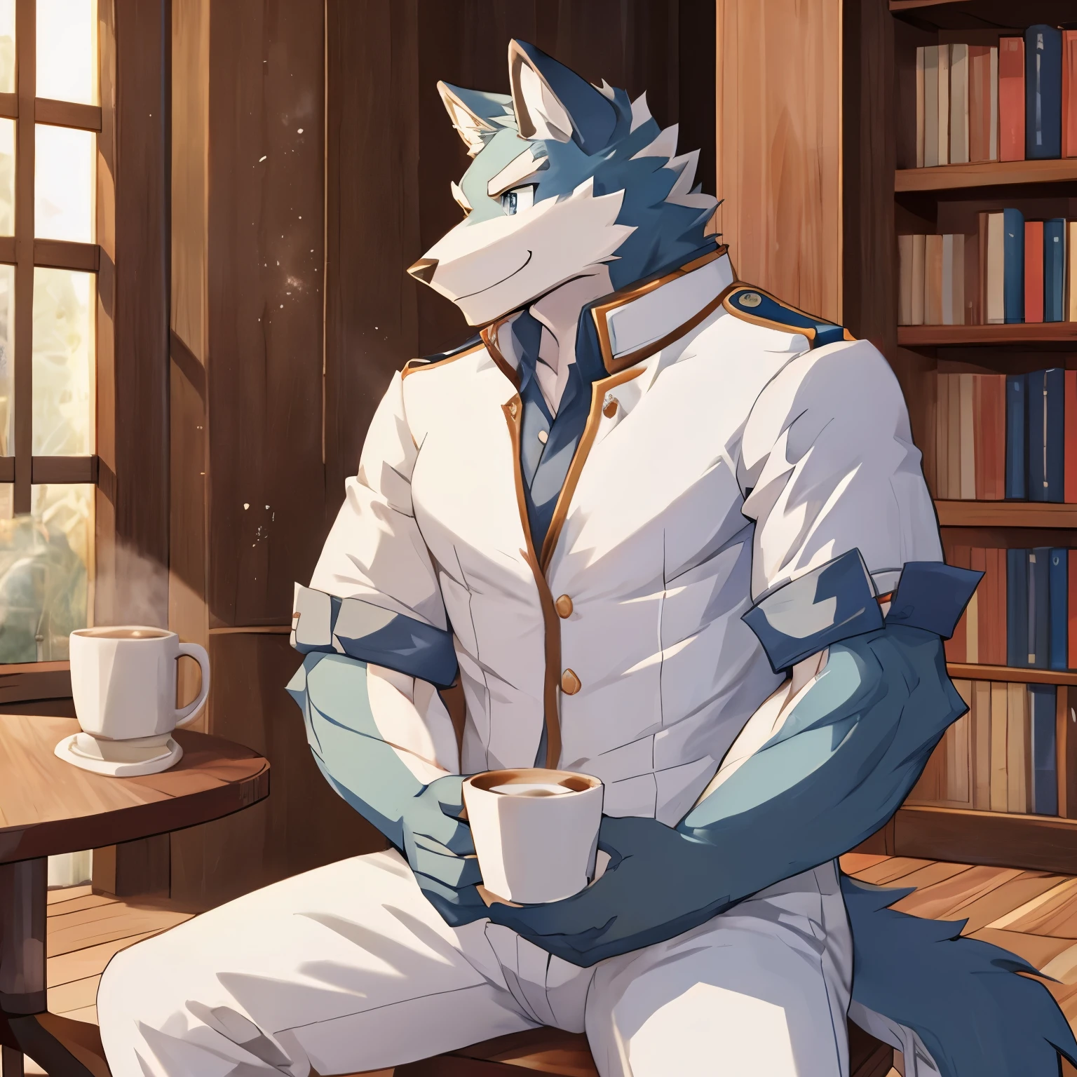 (best quality),blue eyes,hairy,alone,light white fur,blue fur,Smooth fur,Profile picture,Smile,Humanity (Wolf),male,White clothes,white pants,alone,one person,whole body,squint,side,Tall and skinny,one person,sharp focus,dynamic poses,motion blur,At the table,There is a bookcase behind you,sitting,hand holding cup of coffee,look out the window,Outside the window is the woods,Enjoyable,Thinking,Thinking,best shadow,(masterpiece:1.2),animation art