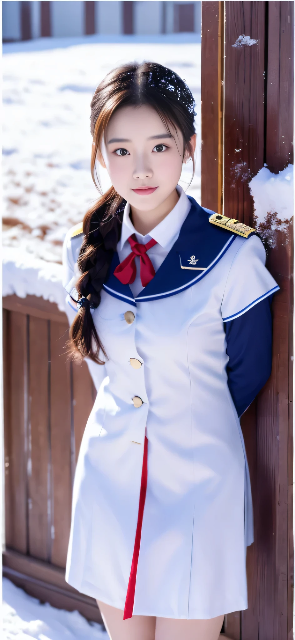 Close-up of a person in uniform standing in the snow, girl in uniform, JK uniform, Dilraba Dilmurat, gorgeous chinese model, Summer all over the body, Chen Xintong, Works that influenced Chen Yifei, The background is just snow, Li Zixin, girl of the alps, Yanjun Cento, Inspired by Ma Yuanyu