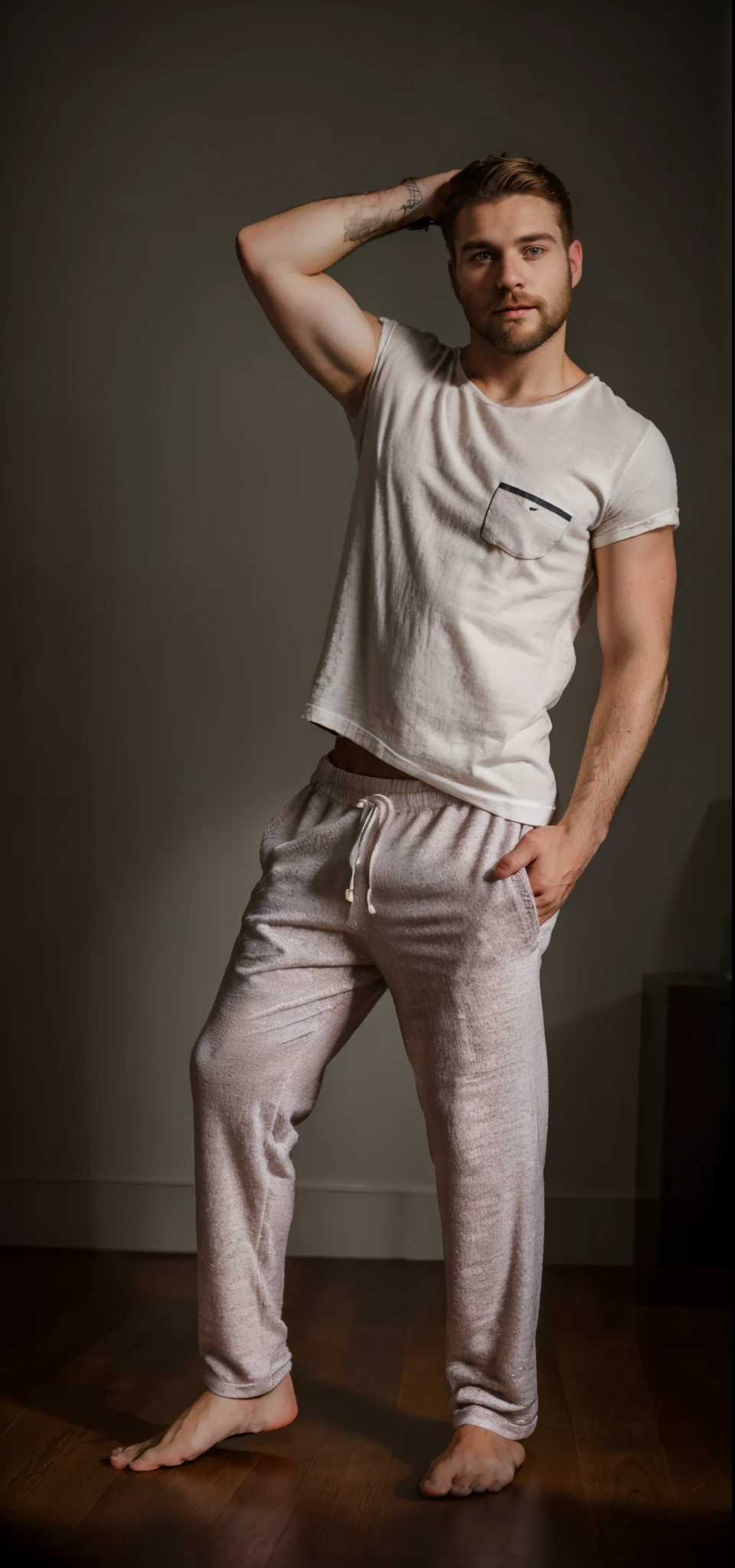 a 28 year old hansome man,little beard, wearing casual t shirt and pajama,posing for modelling,realistic,studio lighting,solid background,45mm lens
