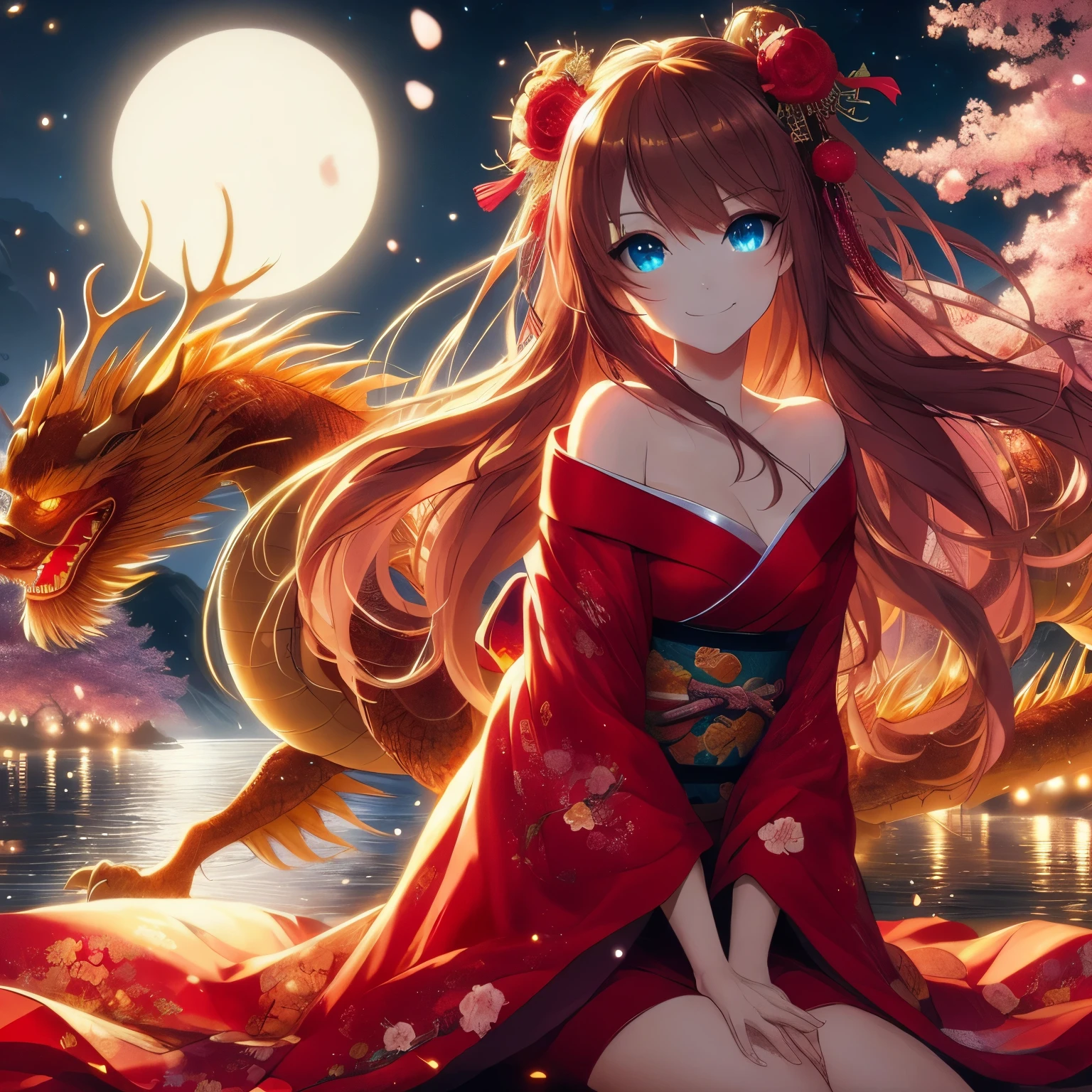 A woman in a red kimono sits on a rock next to a dragon, anime style 4k, anime art wallpaper 4k, Anime Art Wallpaper 4k, anime wallpaper4K, anime wallpaper4k, anime art wallpaper 8k, 4kanime wallpaper, hd anime wallpaper, Beautiful anime, Beautiful anime girl, Beautiful anime style, night nucleus, anime wallpaper