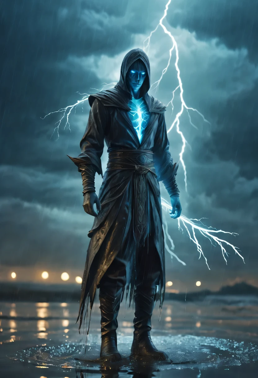 photo actual illustration of raziel holding the soul reaver , Put on a neck brace, (Stand in a puddle:1.4) night , (rain:1.2), (storm:1.3), wet, reflection in water , 史诗般的Light, Light, dark fantasy style , high resolution, (Detailed images:1), Crazy details, soft, (actual:1), full color, (3d:1), (Very detailed:1.2), masterpiece, 8K Ultra HD, the art of mathematics, Popular topics on Artstation