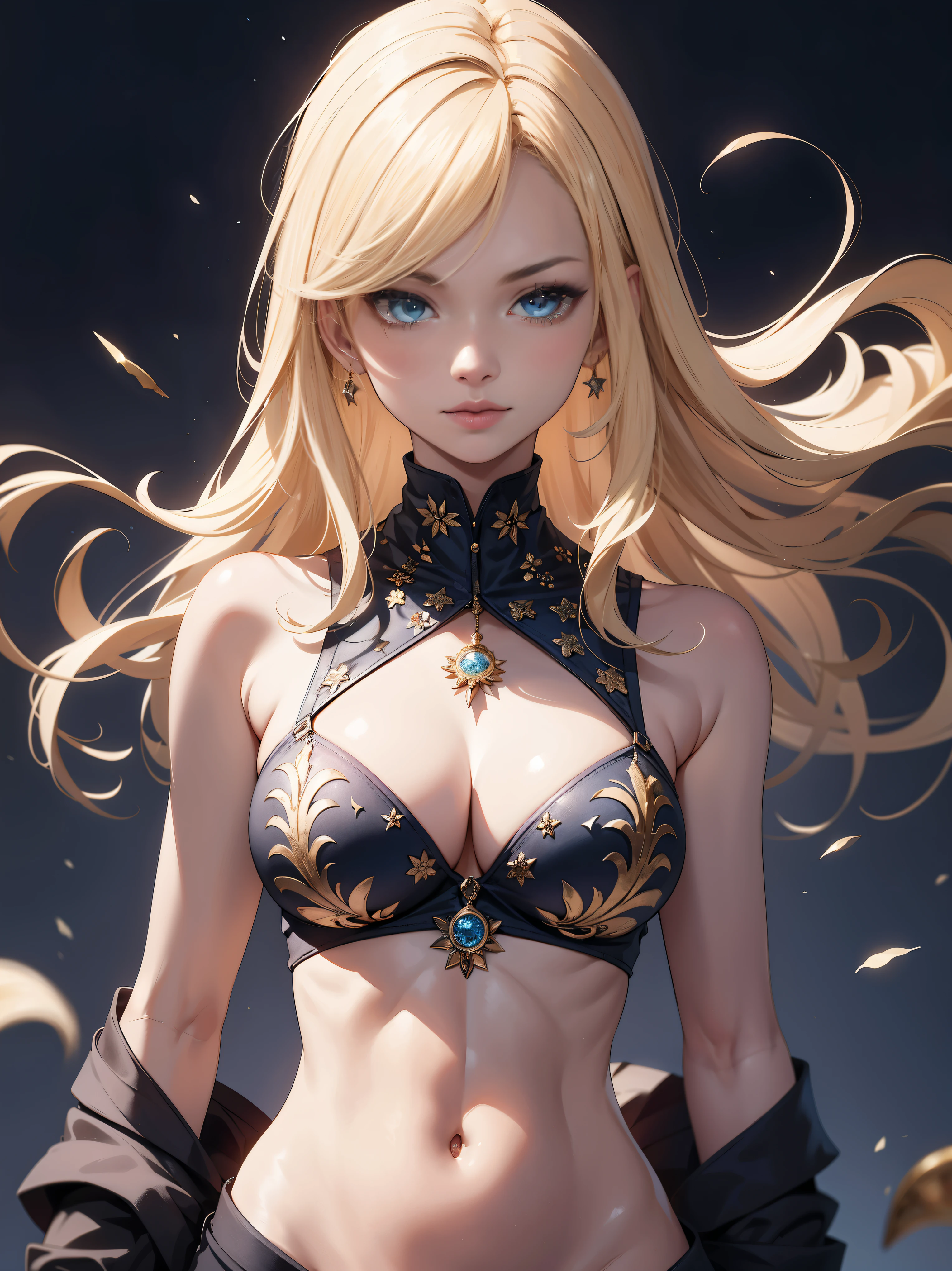 masterpiece:1.2,Super high quality 1.2,european girl,alone,25 years old,beautiful face,very thin body,big breasts,blonde,hair above one eye,(medium side cut, blonde hair,),sharp focus,suit,Ultramarine mandala background,Very beautiful hands,knife