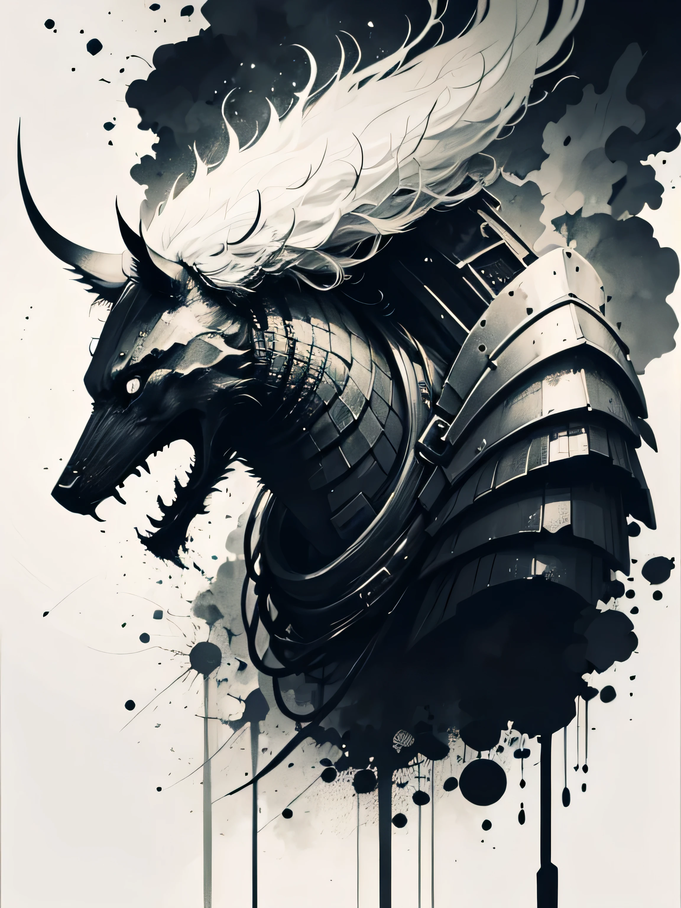 A masterpiece of a samurai in armor, Written by Ase Berg, High contrast color details, black and white, anime style, Japanese theme, very detailed, super high quality, 4k, Complex, chiaroscuro lighting, Ink spots on a white background.