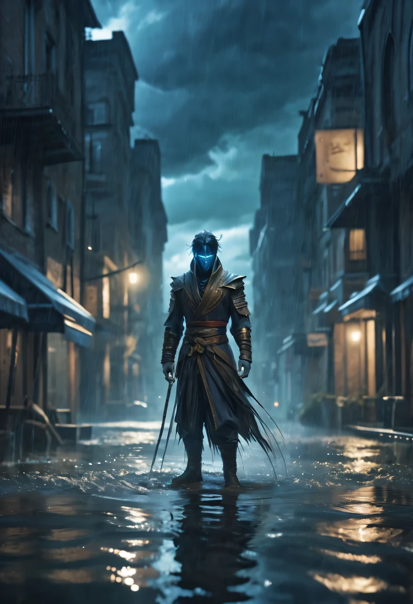 photo actual illustration of raziel holding the soul reaver , Put on a neck brace,  (Stand in a puddle:1.4)  night  , (rain:1.2), (storm:1.3),  wet, reflection in water , 史诗般的Light, Light,  dark fantasy style , high resolution, (Detailed images:1), Crazy details, soft,  (actual:1),  full color, (3d:1), (Very detailed:1.2), masterpiece, 8K Ultra HD, the art of mathematics, Popular topics on Artstation    