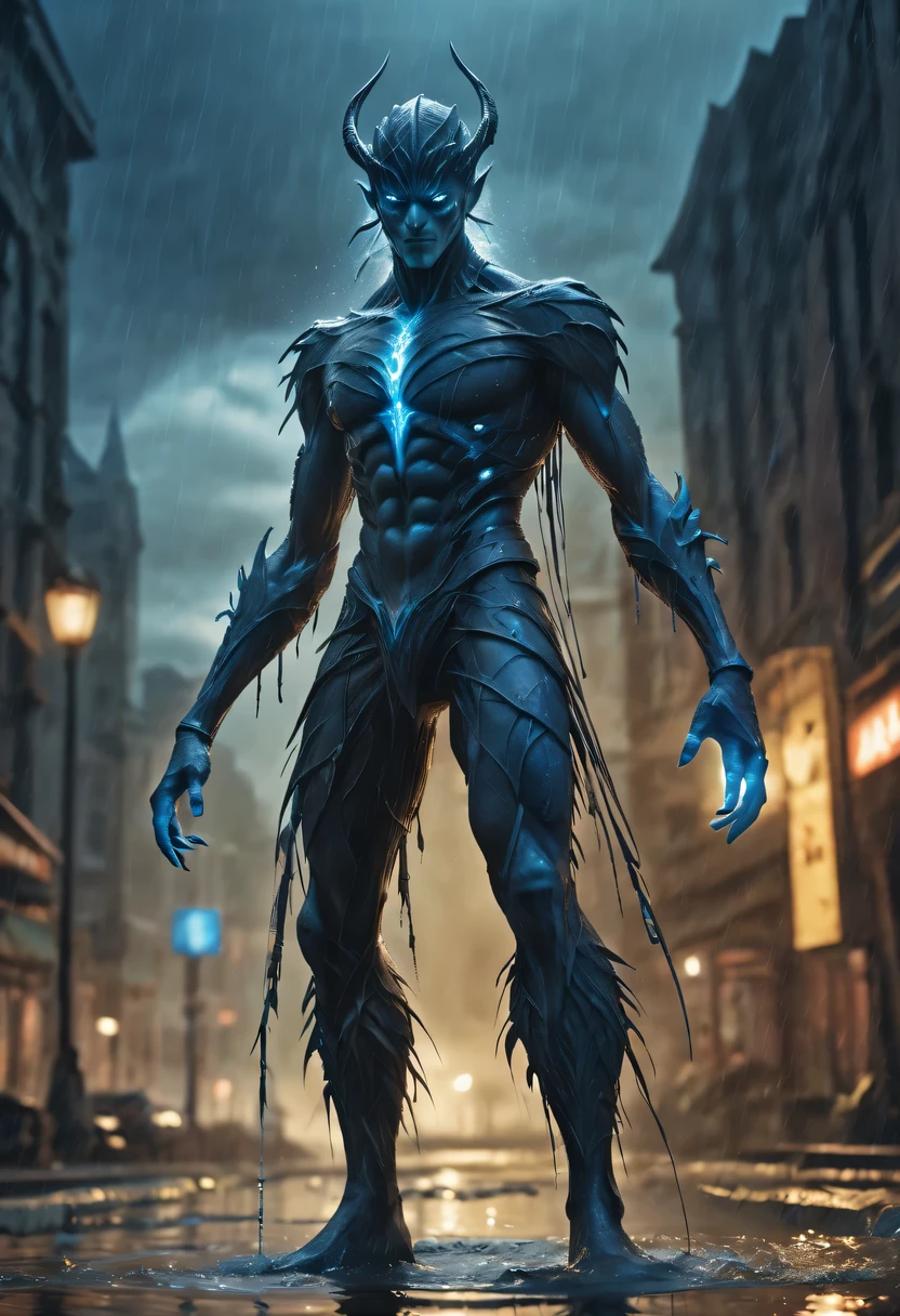 photo actual illustration of raziel holding the soul reaver , Put on a neck brace,  (Stand in a puddle:1.4)  night  , (rain:1.2), (storm:1.3),  wet, reflection in water , 史诗般的Light, Light,  dark fantasy style , high resolution, (Detailed images:1), Crazy details, soft,  (actual:1),  full color, (3d:1), (Very detailed:1.2), masterpiece, 8K Ultra HD, the art of mathematics, Popular topics on Artstation    