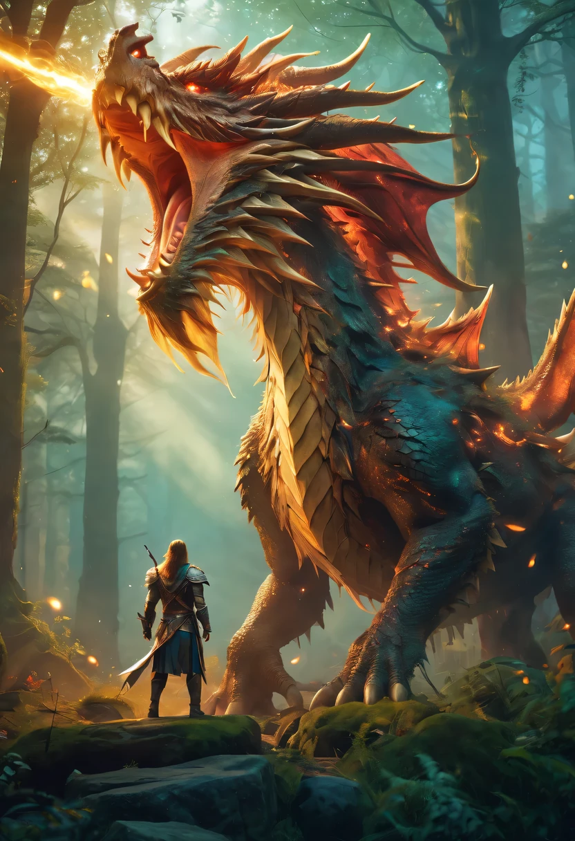 (best quality,4k,high resolution,masterpiece:1.2),actual,heroes in fantasy world,brave warrior,Detailed armor,sharp sword,majestic cape,magic,brave gesture,magical creatures,magic森林,hazy background,magical lights,bright colors,fantastic scenery,dramatic atmosphere,mysterious atmosphere,epic battle场面,ancient ruins,dangerous mission,mythology figure,Mysterious creature,Heroic deeds,dragon slayer,enchanted weapons,powerful,aura of light,sense of adventure,ethereal environment,Extraordinary power,stunning view,An unforgettable journey,final destiny,Legendary heroes,epic battle.