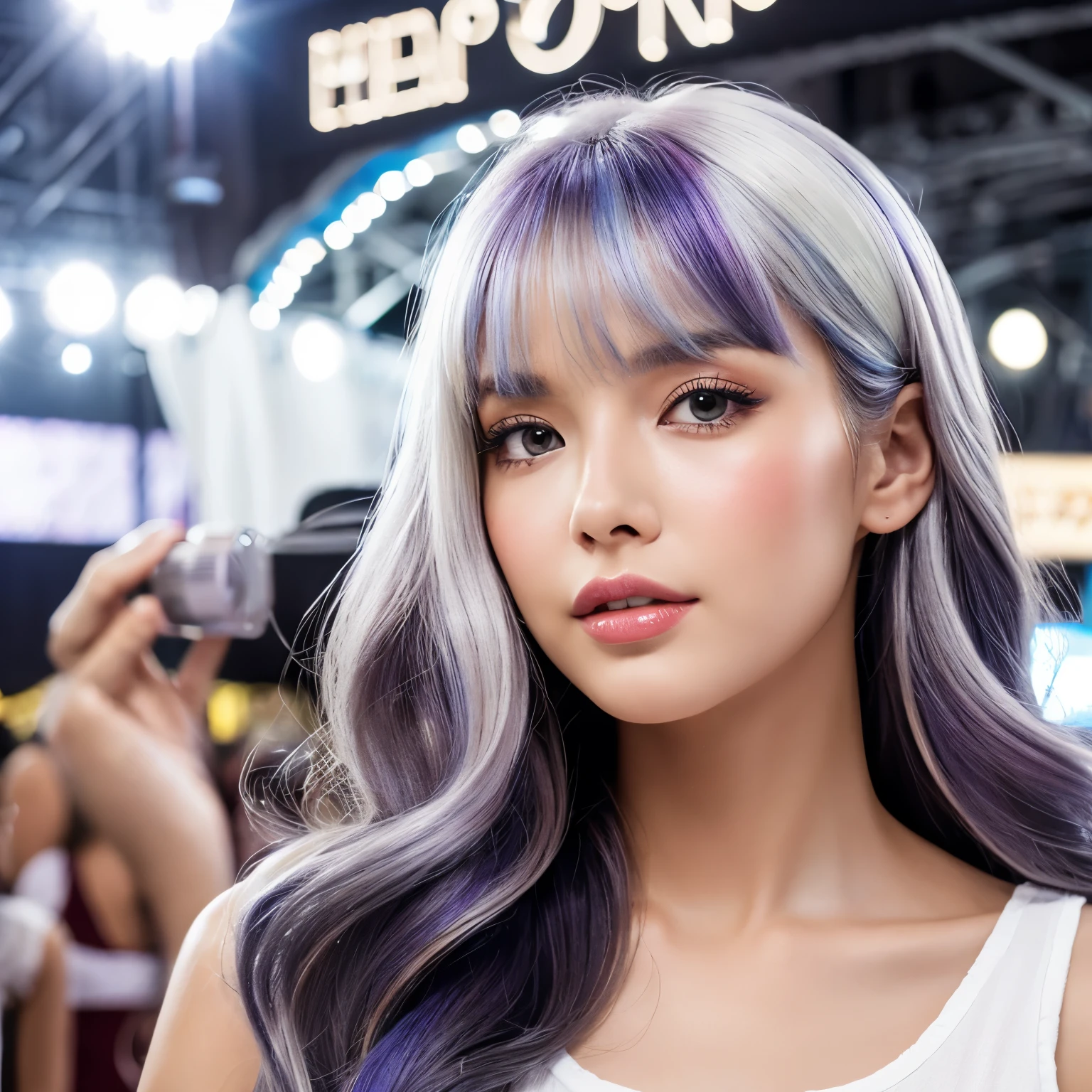 Hair colorSilver、fair-skinned woman、white camisole、Bewitching atmosphere、Outstanding style