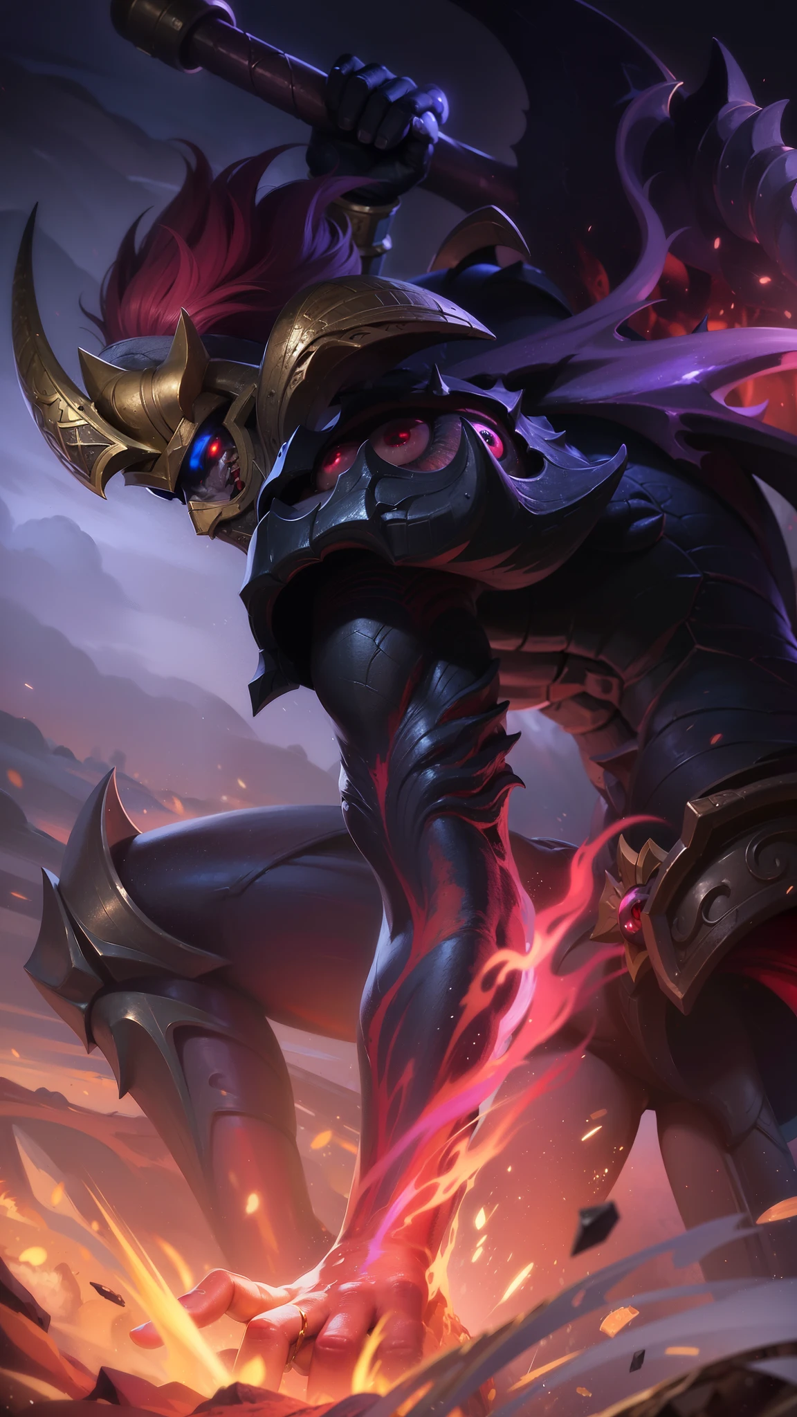 masterpiece, ((perfect eyes)) best quality, (semirealism:1.9), beautiful lighting, (extremely detailed CG unity 4k fhd wallpaper), High Detail, Sharp focus, dramatic outdoors, red short hair, 8k, realistic, scary, strong red eye glow (red eye:1.2), a close up of a person with a sword and a fire, painted portrait of mordekaiser, official splash art, splash art, nasus, league of legends concept art, league of legends splash art, riot games concept art, league of legends art, obsidians skin, league of legends character art, iconic character splash art, league of legends splashart.